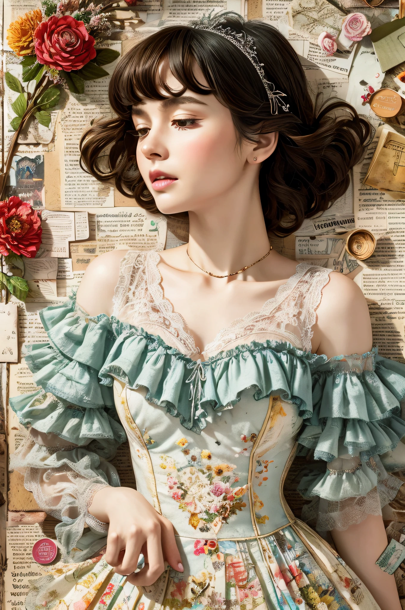 Super detailed alcohol ink painting of gorgeous girl, Made on top of a mixed-media masterpiece patchwork of stress-free vintage script paper, Ephemera, Torn cardboard, Vintage newspaper, Vintage sheet music, Wax Seal, Dress made of paper ruffles and life-size dainty lace, in the style of [Junk Journal, double exposure, Equal to the size of the body, Greg Simkins, Mark Davis, Oliver Jeffers, Andy Kehoe], Cinematic, Stunning, Highly detailed, 8K, dehazed