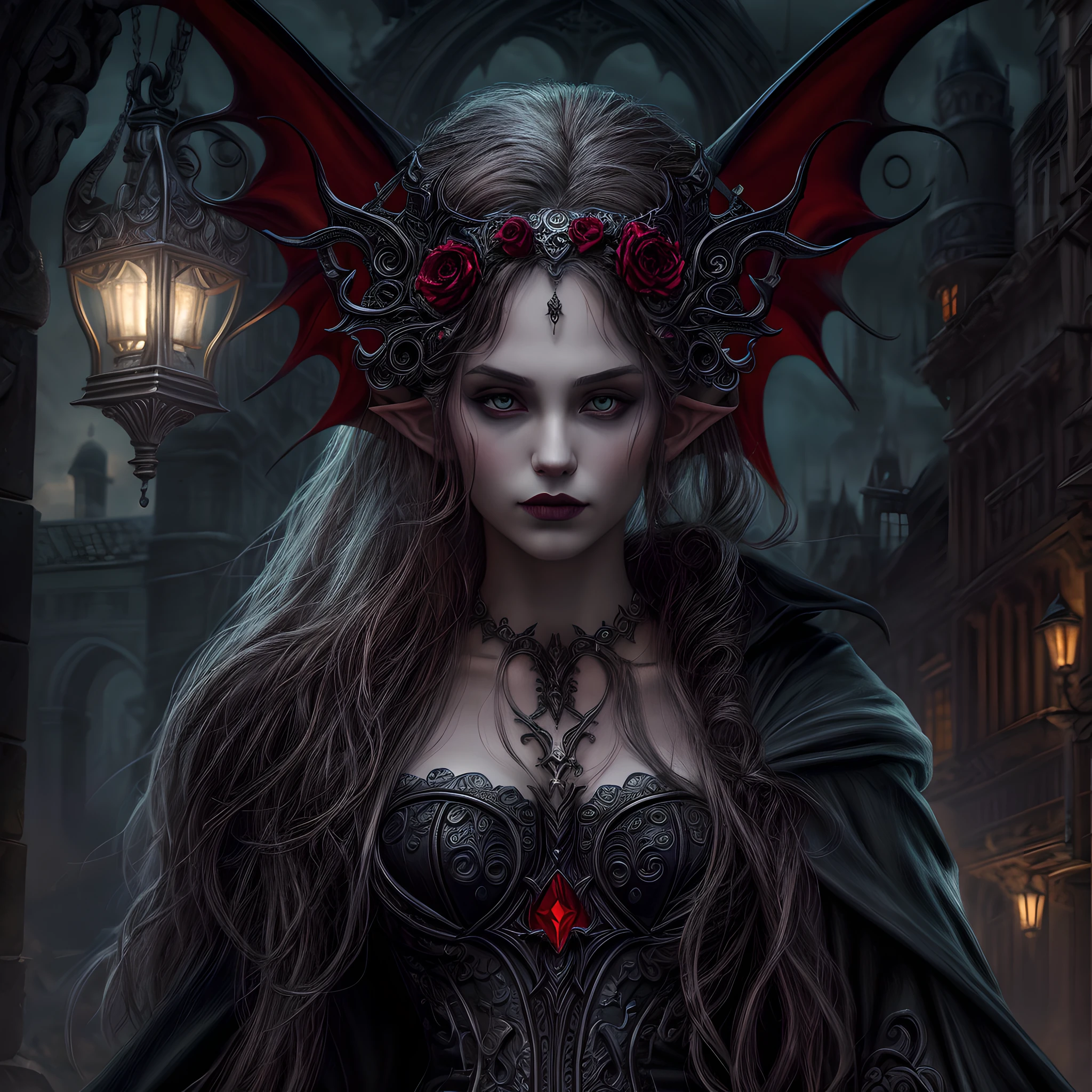 arafed, dark fantasy art, gothic art, (masterpiece:1.5), full body best details, highly detailed, best quality, highres, full body portrait of a vampire, elf (1.6, Masterpiece, best quality), ultra feminine (1.4 intricate details, Masterpiece, best quality) with a long curvy hair, dark color hair, red eyes (1.3 fantasy art, Masterpiece, best quality), ((beautiful delicate face)), Ultra Detailed Face (1.4 intricate details, fantasy art, Masterpiece, best quality), [visible sharp vampiric fangs] (1.6 intricate details, fantasy art, Masterpiece, best quality), [anatomically correct] red cloak, flowing cloak (1.4 intricate details, fantasy art, Masterpiece, best quality), wearing an intricate leather [white] dress (1.4 intricate details, gothic art, Masterpiece, best quality), high heeled boots, blood dripping on lips, urban background (intense details, beat details), fantasy, at night light, natural ,moon light, soft moon light, moon rays, clouds, gothic atmosphere, gothic street background, bats flying in background, soft light, dynamic light, [[anatomically correct]], high details, best quality, 8k, [ultra detailed], masterpiece, best quality, (extremely detailed), dynamic angle, ultra wide shot, RAW, photorealistic