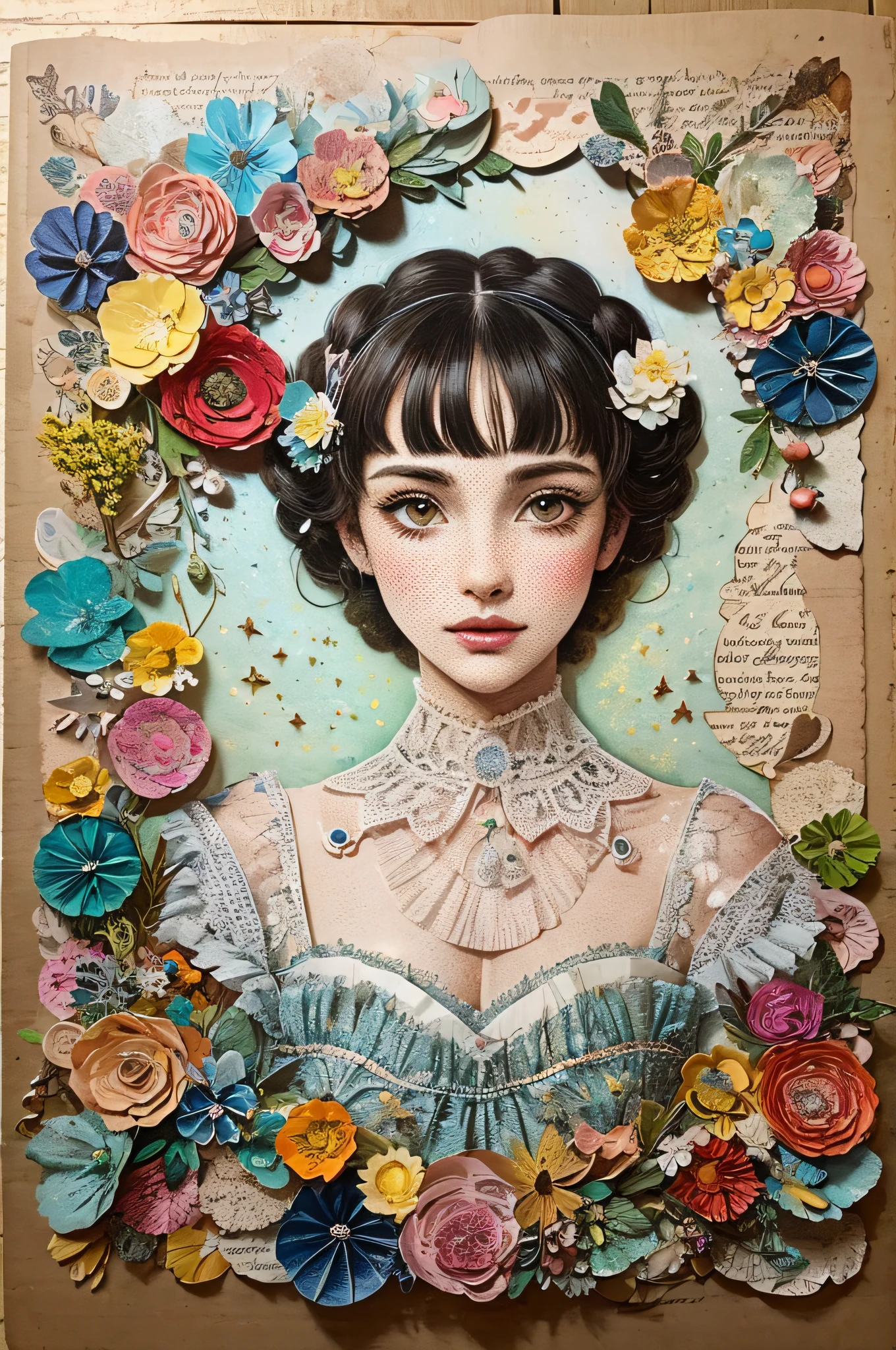 Super detailed alcohol ink painting of gorgeous girl, Made on top of a mixed-media masterpiece patchwork of stress-free vintage script paper, Ephemera, Torn cardboard, Vintage newspaper, Vintage sheet music, Wax Seal, Dress made of paper ruffles and life-size dainty lace, in the style of [Junk Journal, double exposure, Equal to the size of the body, Greg Simkins, Mark Davis, Oliver Jeffers, Andy Kehoe], Cinematic, Stunning, Highly detailed, 8K, dehazed