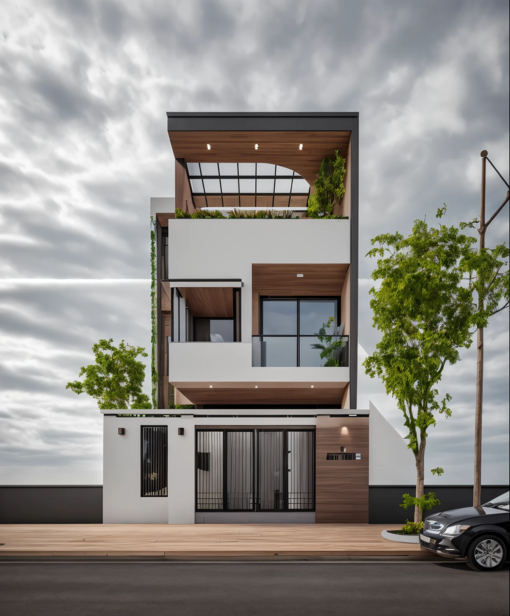 modernvilla, fully tiled, white and wood colour, trees, vine, architecture, building, cloud, vivid colour, masterpiece,best quality,super detailed,realistic,photorealistic, 8k, sharp focus, a photo of a buildinga photo of a building