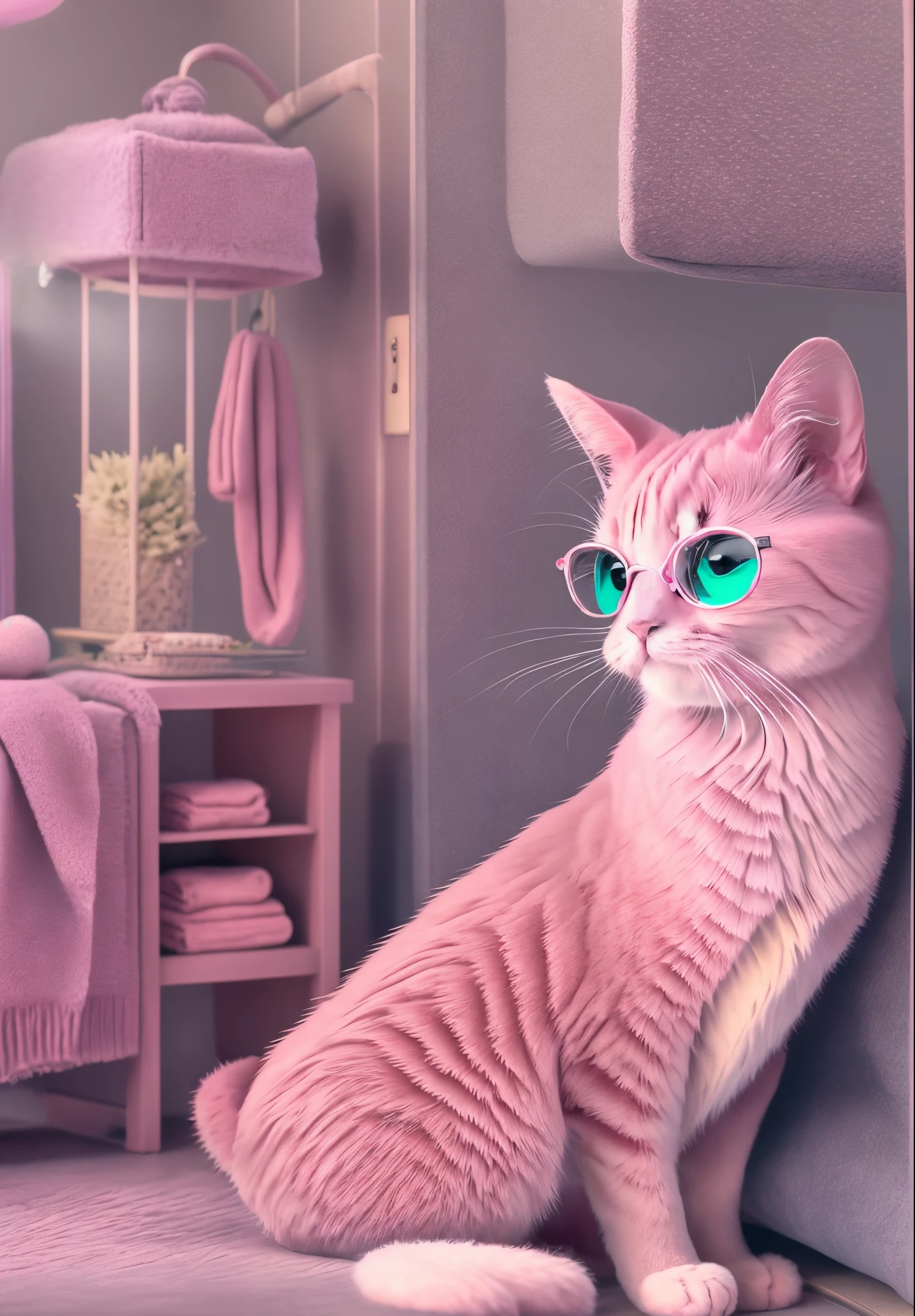 pink cat with round glasses sitting on a sofa in profile watching tv in the bathroom --auto --s2