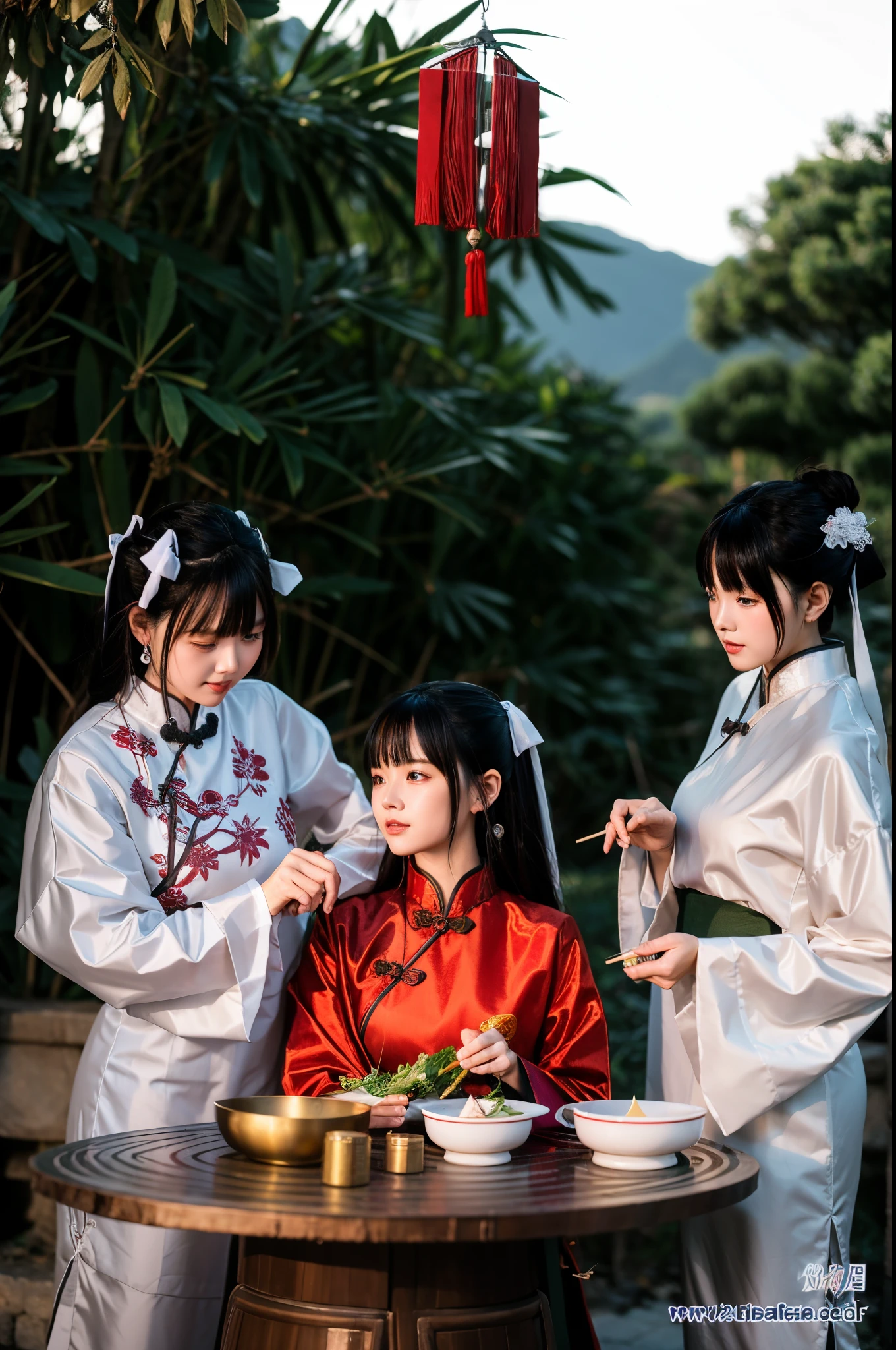 Three women in traditional Chinese clothes are preparing food at the table, Hanfu, Wearing ancient Chinese clothes, inspired by Gu An, 宮 ， A girl in Hanfu, white hanfu, Matches ancient Chinese costumes, Inspired by ancient coins, TRADITIONAL CHINESE COSTUMES, style of guo hua, Inspired by Guo Xi, inspired by Tang Di, Still in the movie