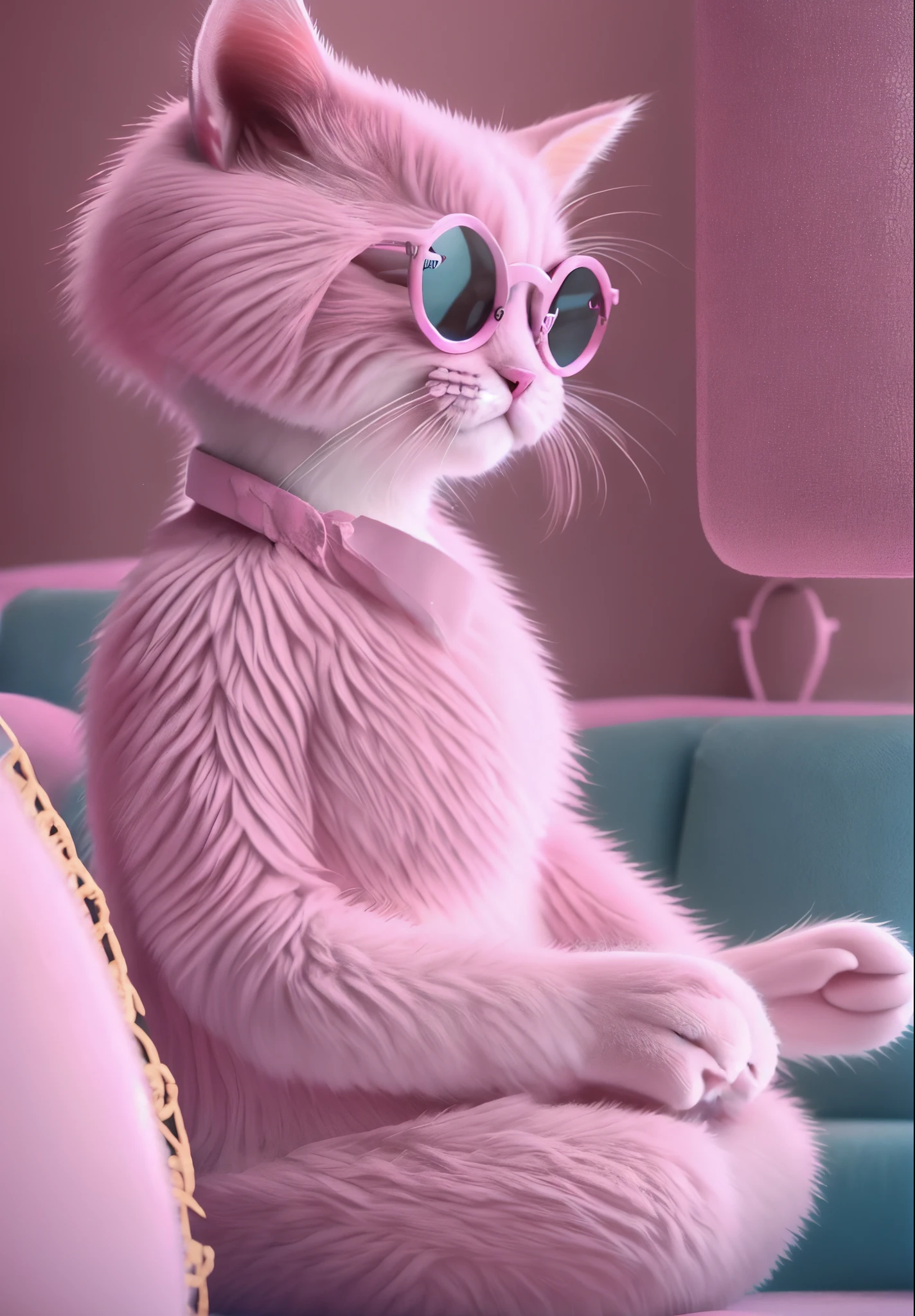 pink cat with round glasses sitting on a sofa in profile watching tv in the bathroom --auto --s2