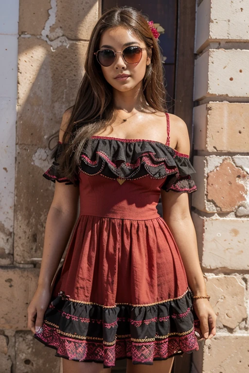 Chica joven y linda, amable y especial, muy hermosa, rasgos delicados, Captivating eyes. muy enamorada de ti, vestida con vestido rojo y accesorios, gafas para sol lista para besarte, caminando en queretaro