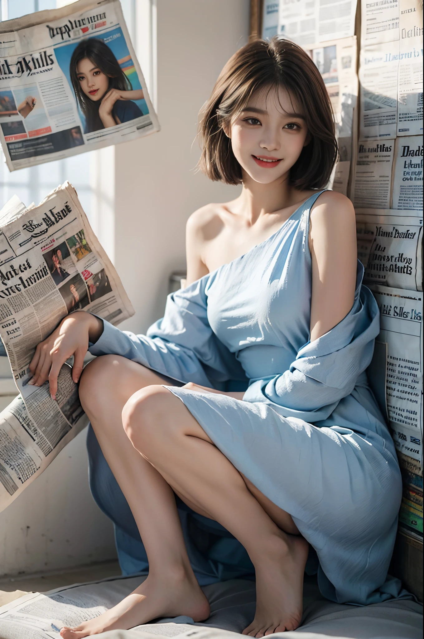 (Masterpiece, Best Quality, High Resolution),(newspapers Background),a sweet Girl,((shoulder length bob Hair)),straight Hair,small head,small face,clear face,detailed eyes,big watery eyes,detailed face,(dress made of newspapers,Gorgeous newspaper patterned evening dress),from front,full Body,small breasts,slender legs,bare feet,slim,thin,happy,laughing