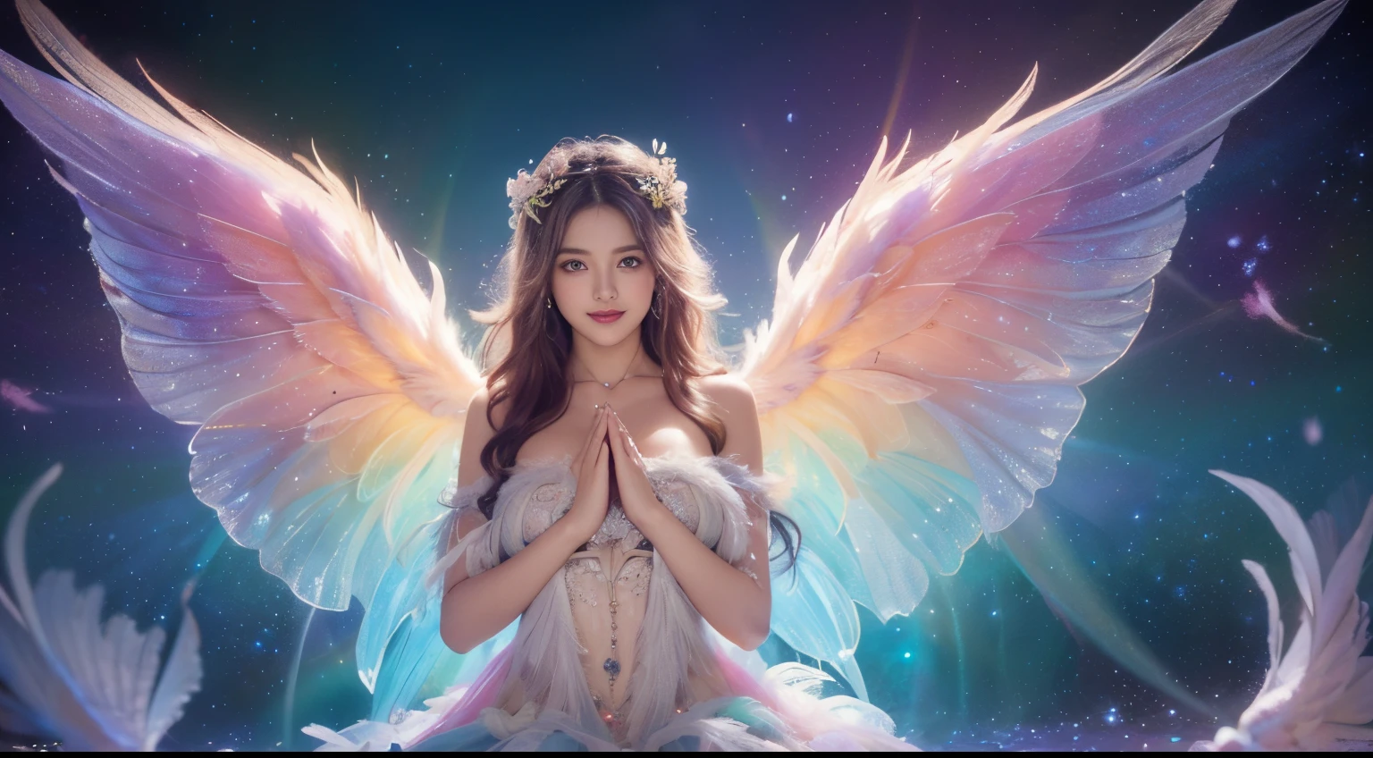 1 busty girl, 23years old, open your hands，Stand solemnly, Symmetry and fractals, Multicolor soft long hair, Colorful (1.2), Lying in nests and incubators (1.2), is a perfect face, sexy linagerie, oilly skin,  Lustful and sexy smile, looking at viewert, Fairy wings, faeries&#39;s big wings, Multicolor pastel feather wings, undying , Mystical realm and magical background, Multicolor magic light particles , Wind forming particles in seamless fractal pattern, warmly lit, An epic sight , HighDynamicRange+, The is very detailed ,Nikon D850, tmasterpiece, abnormal art, photorealistic painting