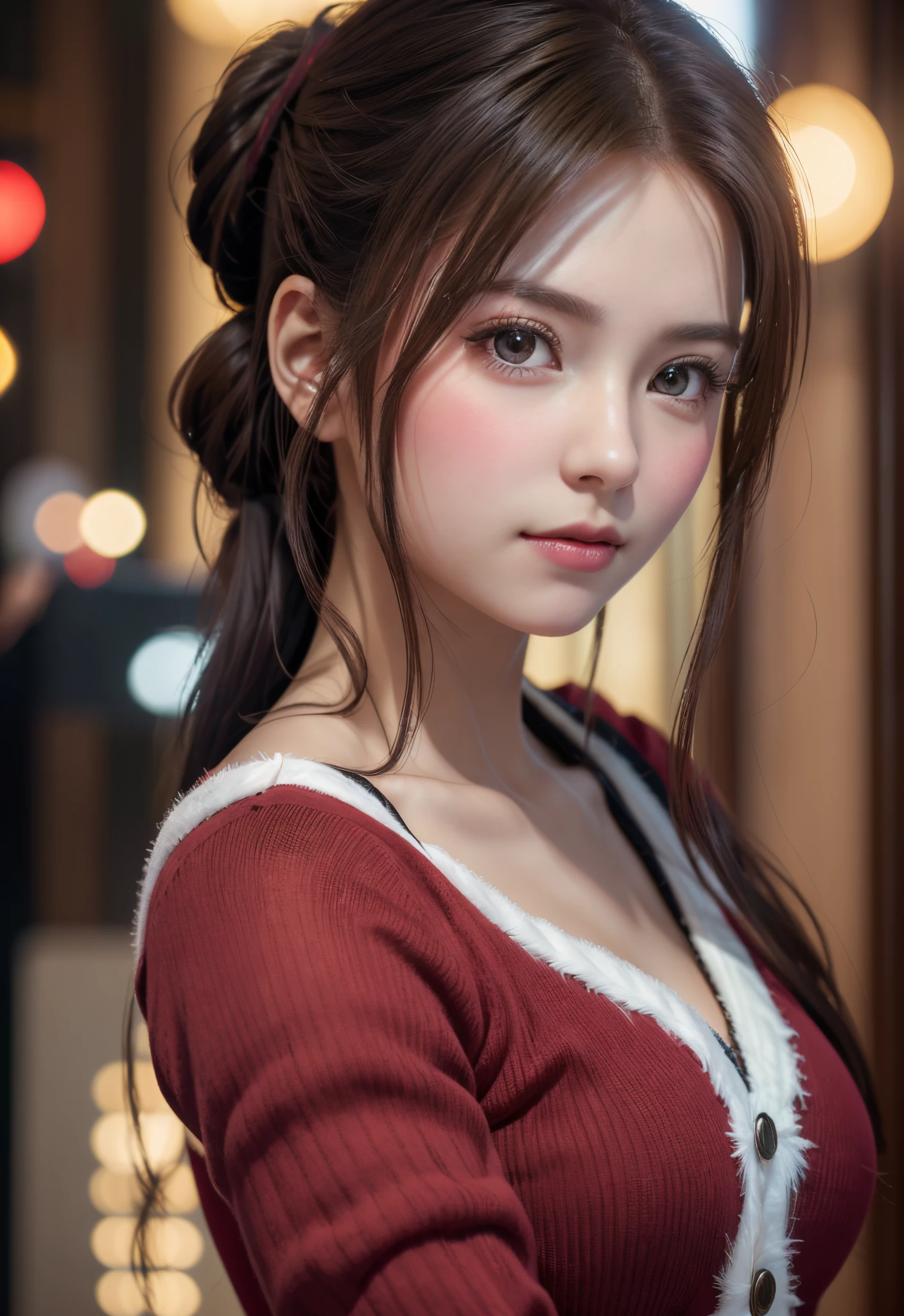 8K, of the highest quality, masutepiece:1.2), (Realistic, Photorealsitic:1.37), of the highest quality, masutepiece, Beautiful young woman, Pensive expression,、A charming、and an inviting look, cute santa clothes, Hair tied back, Cinematic background, Light skin tone