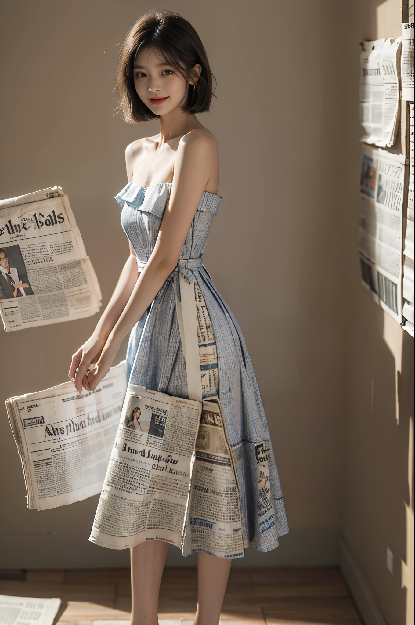 (Masterpiece, Best Quality, High Resolution),(newspapers Background),a sweet Girl,((shoulder length bob Hair)),straight Hair,small head,small face,clear face,detailed eyes,big watery eyes,detailed face,(dress made of newspapers,Gorgeous newspaper patterned evening dress),from back,full Body,small breasts,slender legs,bare feet,slim,thin,happy,laughing