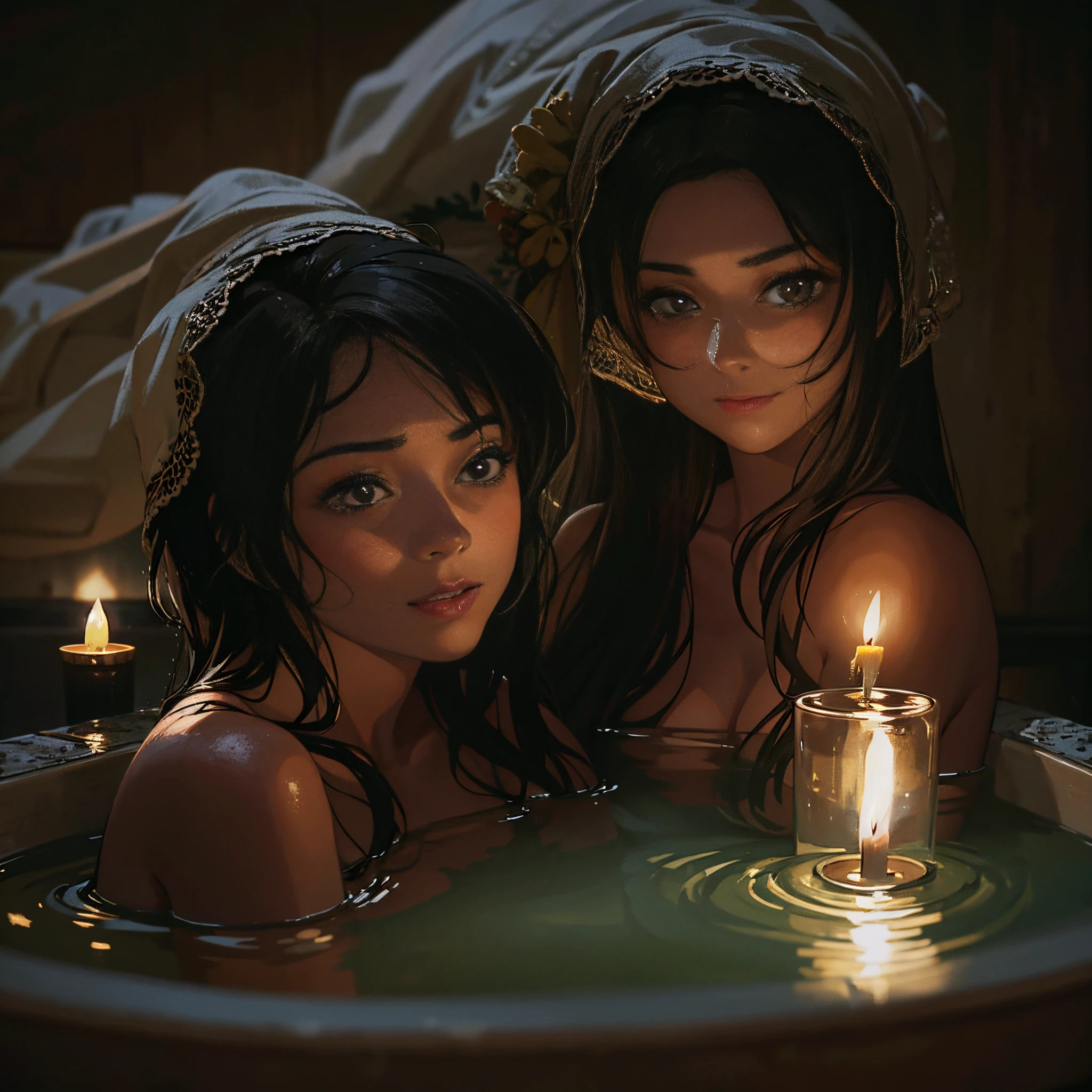 Two women taking a bath together, candlelight, romantic, single candle, shadows, moody, narrow focus, close-up