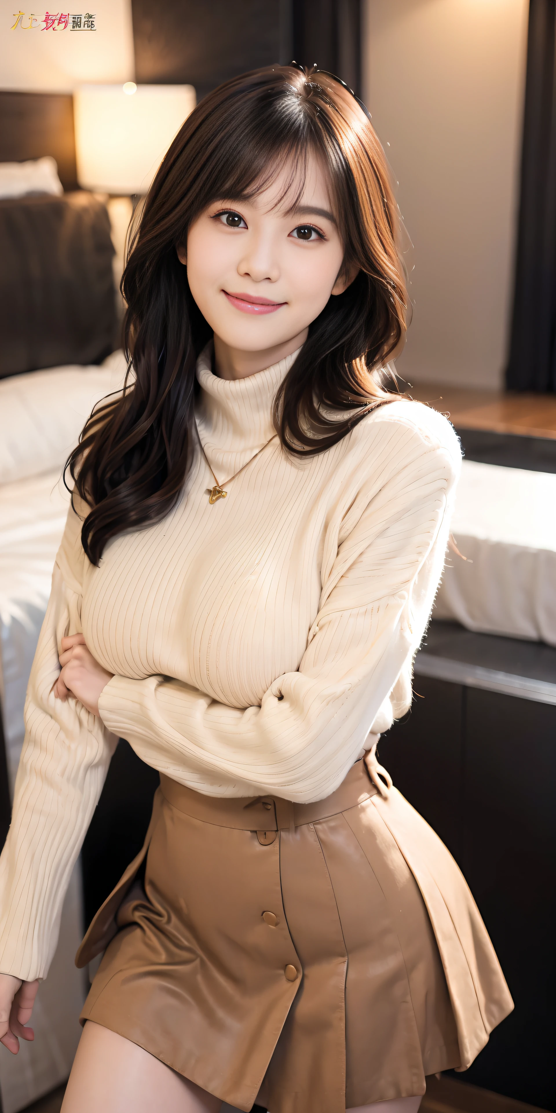 A woman in a skirt posing for a picture in a hotel room - SeaArt AI