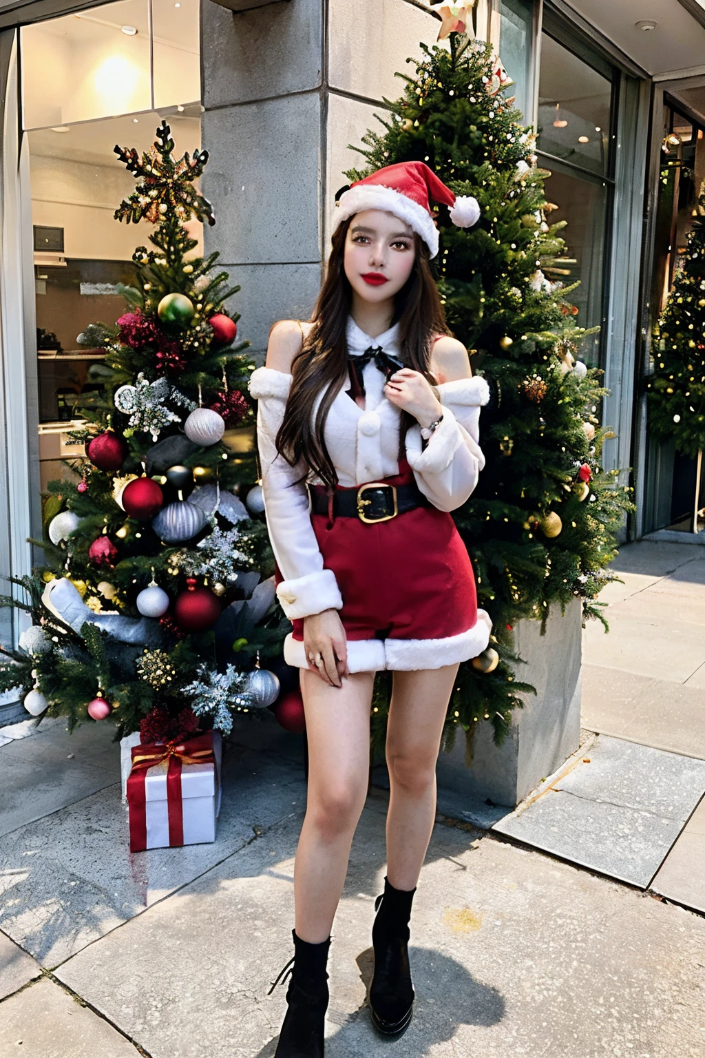 Masterpiece,Raw photo, full body shoot, photography, details,araffe with a santa clause and a christmas tree, 🤬 🤮 💕 🎀, wearing festive clothing, 🕹️ 😎 🔫 🤖 🚬, wearing a santa hat, wearing santa hat, by Julia Pishtar, young woman with antlers, brandon woelfel, christmas night, 1614572159, unknown artist, Christmas Party, lightings, details skin, posting, photo shooting,4K,8K, high quality, full body shoot