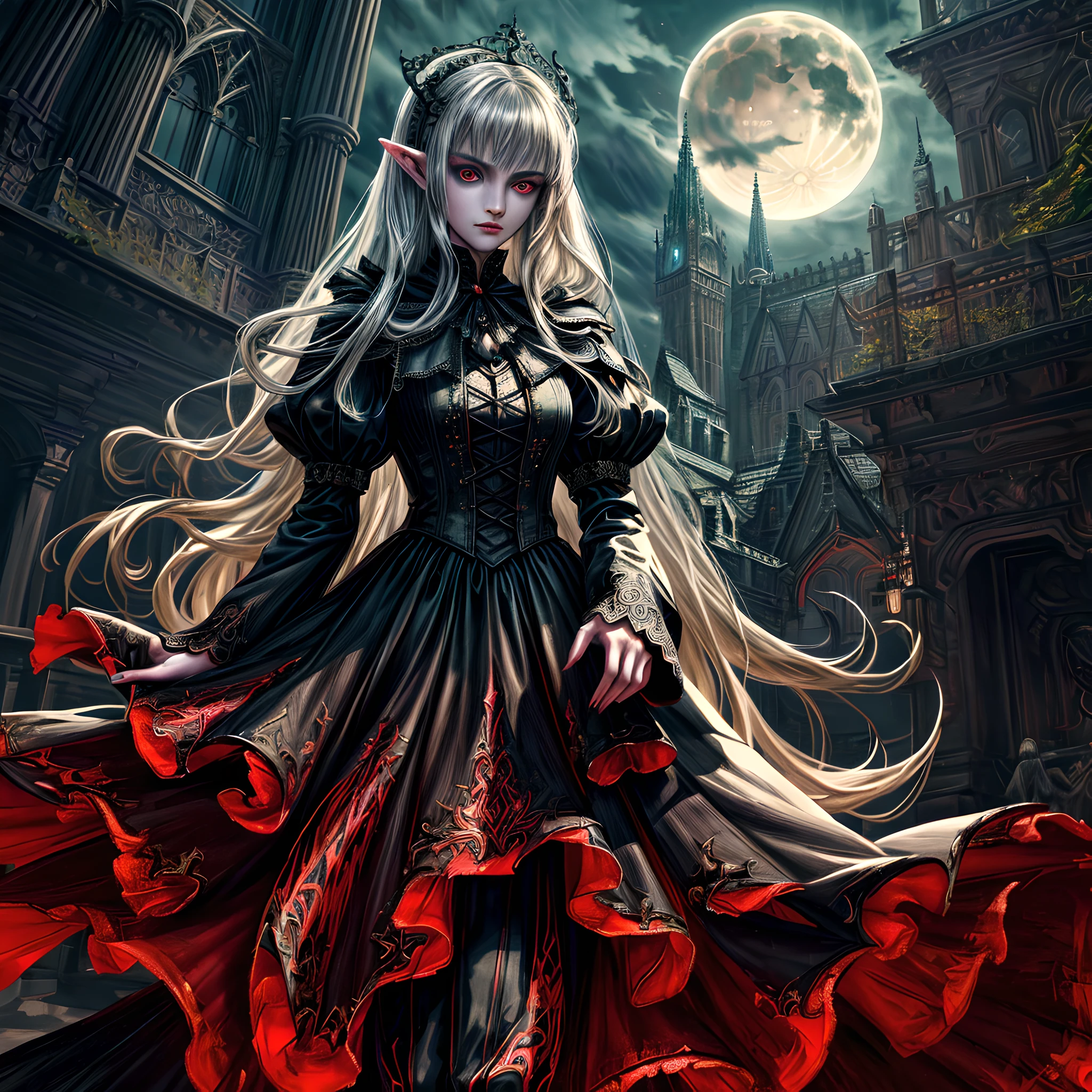 arafed, dark fantasy art, gothic art, (masterpiece:1.5), full body best details, highly detailed, best quality, highres, full body portrait of a vampire, elf (1.6, Masterpiece, best quality), ultra feminine (1.4 intricate details, Masterpiece, best quality) with a long curvy hair, dark color hair, red eyes (1.3 fantasy art, Masterpiece, best quality), ((beautiful delicate face)), Ultra Detailed Face (1.4 intricate details, fantasy art, Masterpiece, best quality), [visible sharp vampiric fangs] (1.6 intricate details, fantasy art, Masterpiece, best quality), [anatomically correct] red cloak, flowing cloak (1.4 intricate details, fantasy art, Masterpiece, best quality), wearing an intricate leather [white] dress (1.4 intricate details, gothic art, Masterpiece, best quality), high heeled boots, blood dripping on lips, urban background (intense details, beat details), fantasy, at night light, natural ,moon light, soft moon light, moon rays, clouds, gothic atmosphere, gothic street background, bats flying in background, soft light, dynamic light, [[anatomically correct]], high details, best quality, 8k, [ultra detailed], masterpiece, best quality, (extremely detailed), dynamic angle, ultra wide shot, RAW, photorealistic