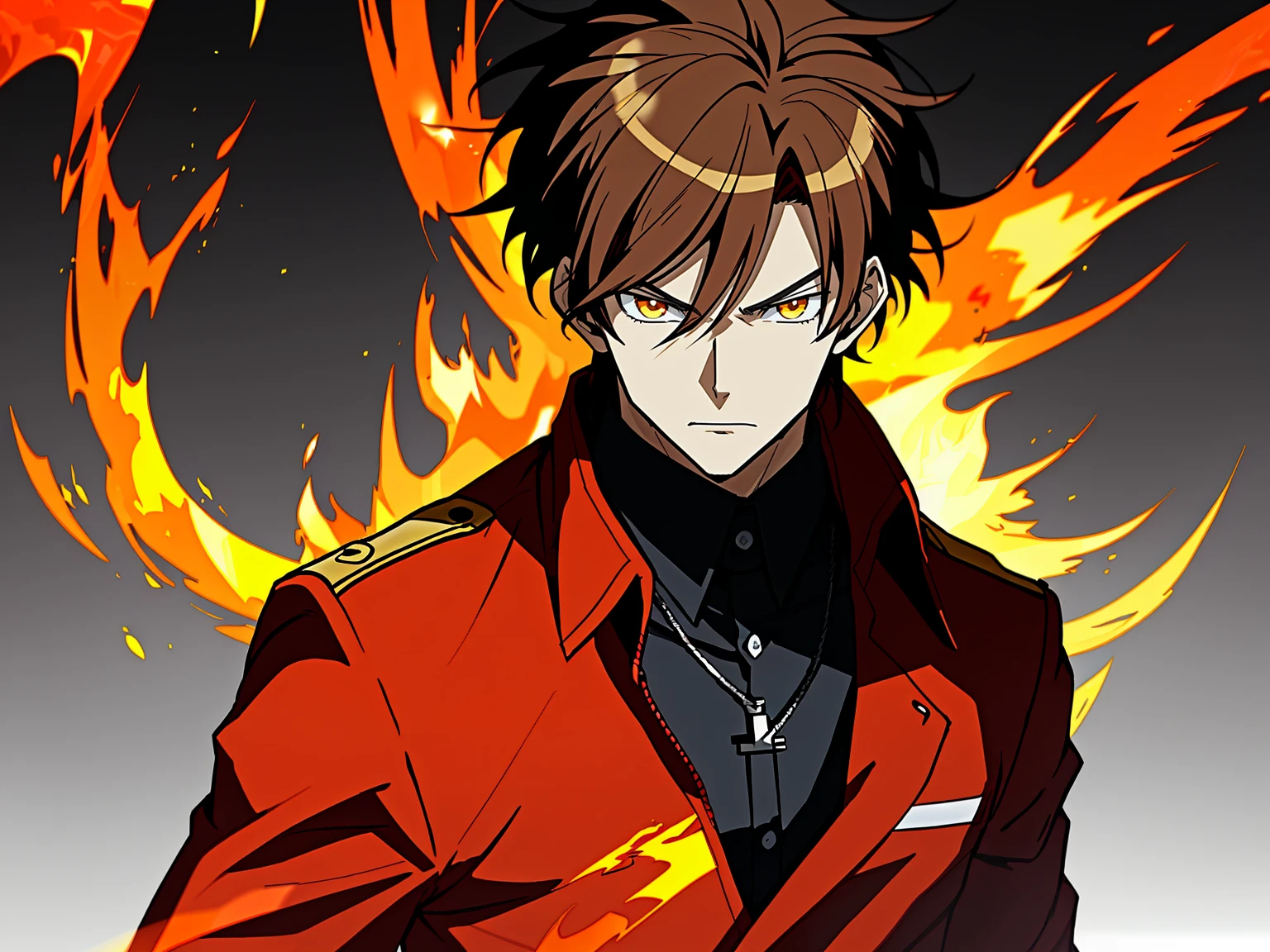 Anime character with brown hair and black shirt，Red jacket and yellow flame, Key anime art, male anime characters