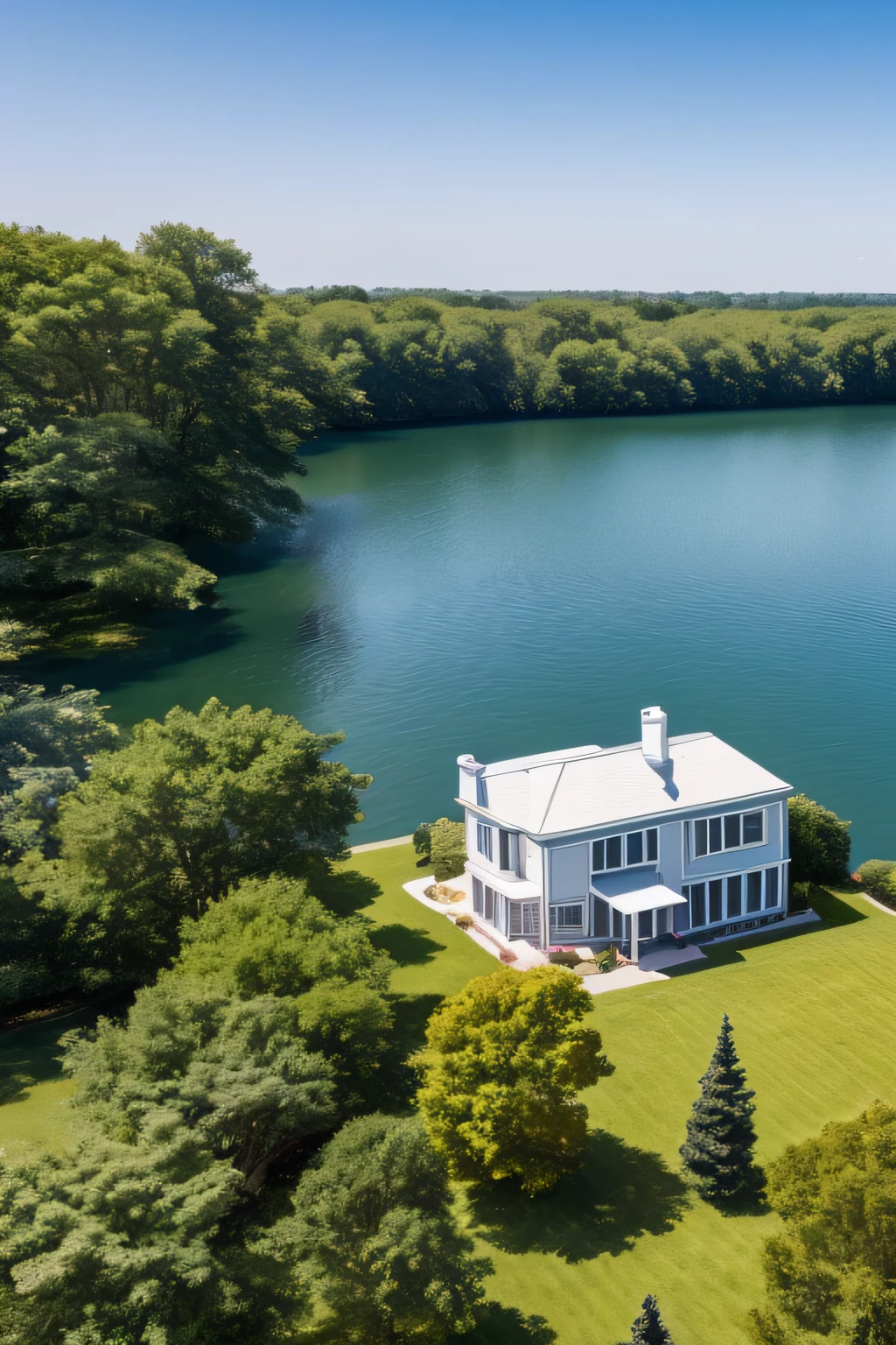 hampton style house on lake, bird view