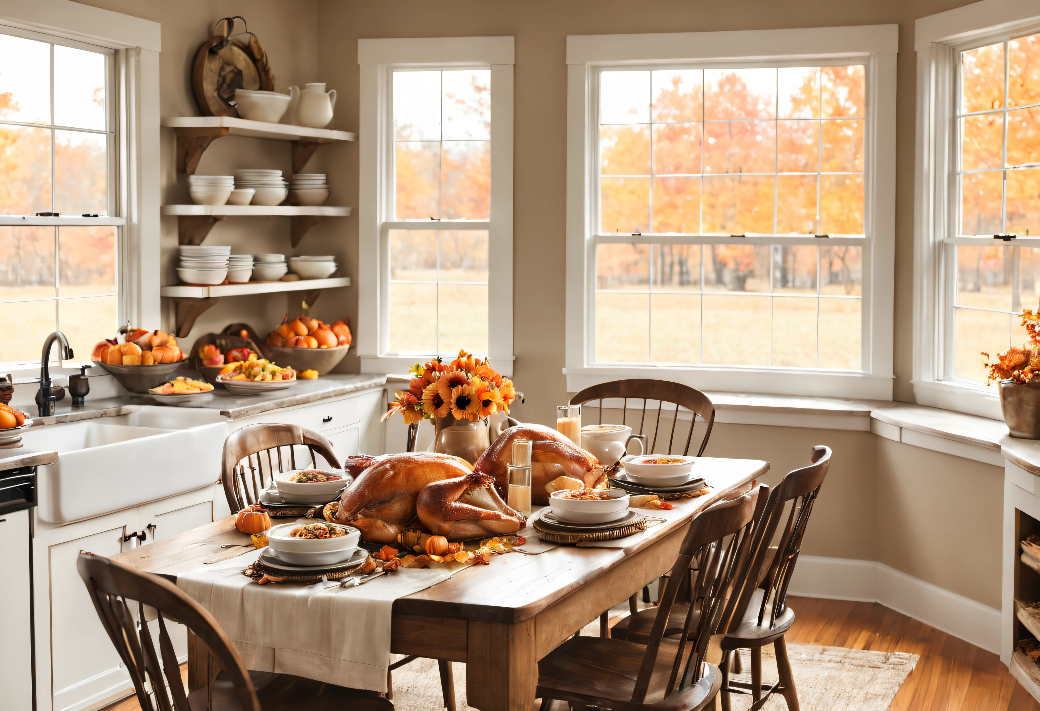 Farmhouse style kitchen table, full of thanksgiving food, view of fall through the windows