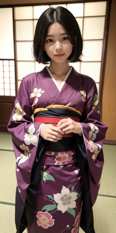 (masutepiece, Best Quality:1.4), Beautiful face, 8K, 85 mm, absurderes, ((FULL BODYSHOT:1.3))、((traditional Japanese room(With futon)))、(Floral pattern long-sleeved kimono:1.4), cowboy shot、violaceaess, gardeniass, Delicate girl, Solo, Long bob hair、Night, Looking at Viewer, Upper body, Film grain, chromatic abberation, Sharp Focus, face lights, Professional Lighting, Sophisticated, (Smile:0.4), (Simple background, Bokeh background:1.2), Detail Face