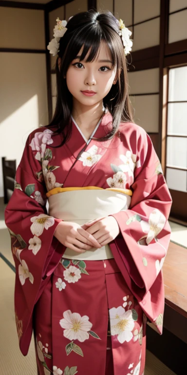 (masutepiece, Best Quality:1.4), Beautiful face, 8K, 85 mm, absurderes, ((FULL BODYSHOT:1.3))、((traditional Japanese room(With futon)))、(Floral pattern long-sleeved kimono:1.4), cowboy shot、violaceaess, gardeniass, Delicate girl, Solo, Long bob hair、Night, Looking at Viewer, Upper body, Film grain, chromatic abberation, Sharp Focus, face lights, Professional Lighting, Sophisticated, (Smile:0.4), (Simple background, Bokeh background:1.2), Detail Face