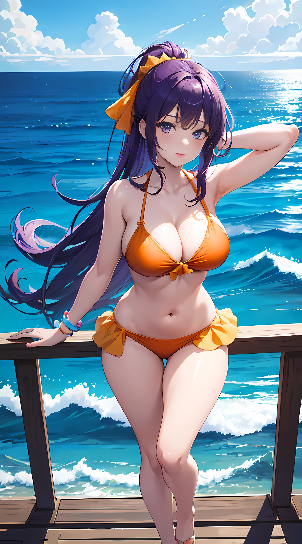 22 year old, 1girl, anime style, curvy body, Anime girl wearing orange bikini top flounced with cover up purple sarong, blue skirted bikini bottom, light golden long ponytail hair, blue eyes colour, pose picture of her cute pose, straight on the beach, anime art wallpaper, detailed, 8k, high quality