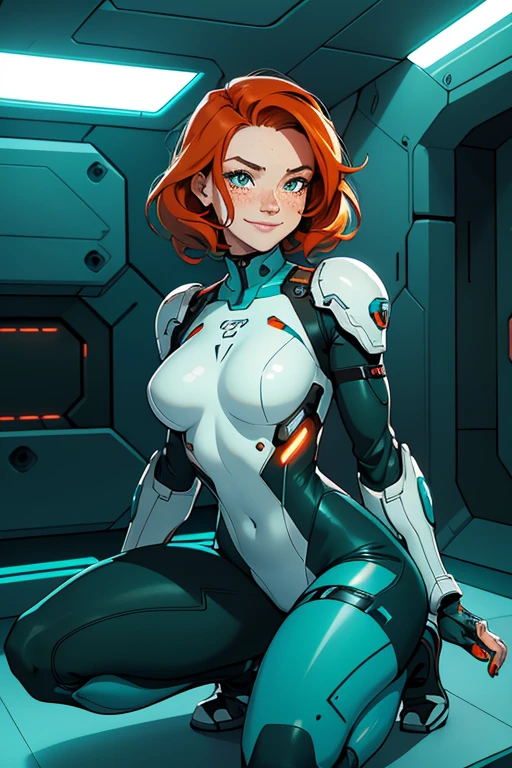RUSSIAN WAIFU in a combat exo-suit, very clear detail, suit colors blue, white and, red blonde hair, ,UHD, masterpiece, accurate, anatomically correct, super detail, high details