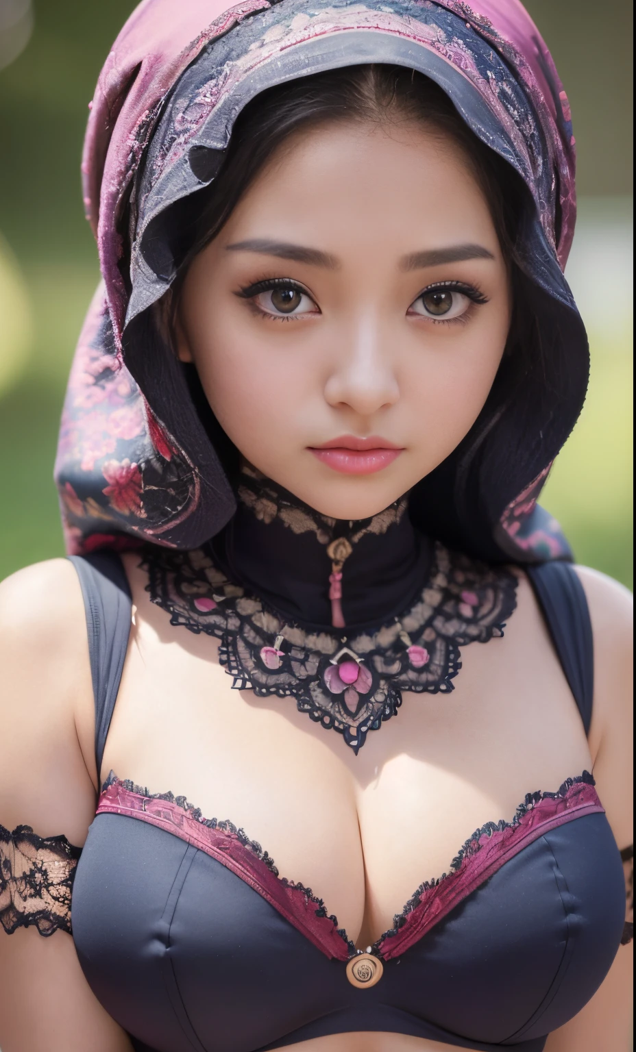 slutty, fantasy, rtx, heavenly, glowing, (8k, 4k, best quality, highres, ultra high res:1.1), (masterpiece, realistic, photo-realistic:1.1), 1girl, face, close-up, colorful hijabi, red lips,((big breast)), (big cleavage), (big cuvy hips), (narrow waist ) (looking at viewer:2), long eyelashes, eyeshadow, small face, big eyes,bare shoulders, high contrast,ultra-high-definition, outstanding details, 8K, Blush face, attractive collarbone, sexy shoulders, blushing cheeks, nikon z9, 30mm lens, sharp focused face, f/4, iso 200, shutter 1/250, beauty light, medium shot, raw ,intricately detailed, award winning photograph, good contrast, high sharpness, facial symmetry, bokeh, ultra-detailed