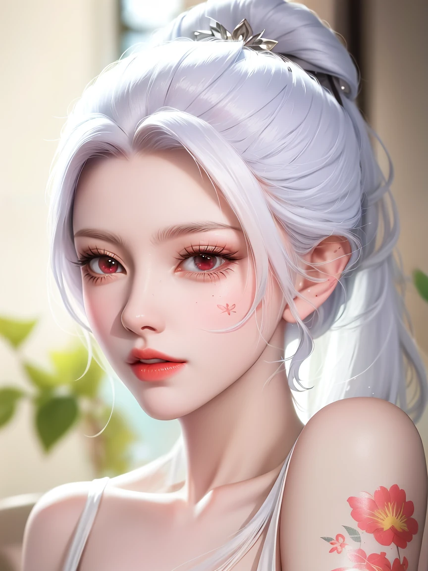 a close up of a woman with a white top and a tattoo on her arm, tifa lockhart with white hair, detailed white long hair, silver hair (ponytail), girl with white hair, deviantart artstation cgscosiety, white ponytail hair, realistic anime 3 d style, anime styled 3d, inspired by Ma Yuanyu, white long straight hair, for some, full body