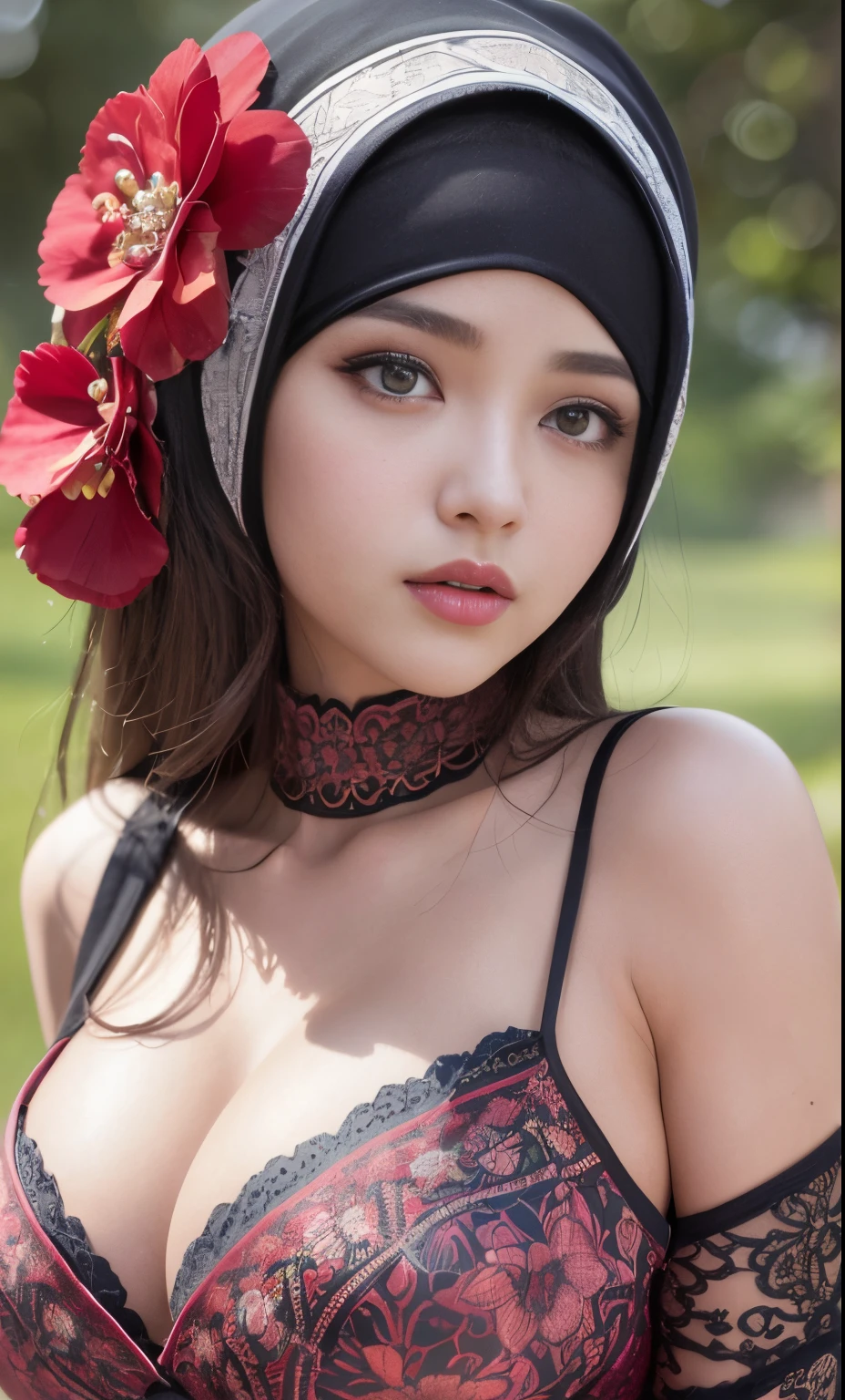 slutty, fantasy, rtx, heavenly, glowing, (8k, 4k, best quality, highres, ultra high res:1.1), (masterpiece, realistic, photo-realistic:1.1), 1girl, face, close-up, colorful hijabi, red lips,((big breast)), (big cleavage), (big cuvy hips), (narrow waist ) (looking at viewer:2), long eyelashes, eyeshadow, small face, big eyes,bare shoulders, high contrast,ultra-high-definition, outstanding details, 8K, Blush face, attractive collarbone, sexy shoulders, blushing cheeks, nikon z9, 30mm lens, sharp focused face, f/4, iso 200, shutter 1/250, beauty light, medium shot, raw ,intricately detailed, award winning photograph, good contrast, high sharpness, facial symmetry, bokeh, ultra-detailed