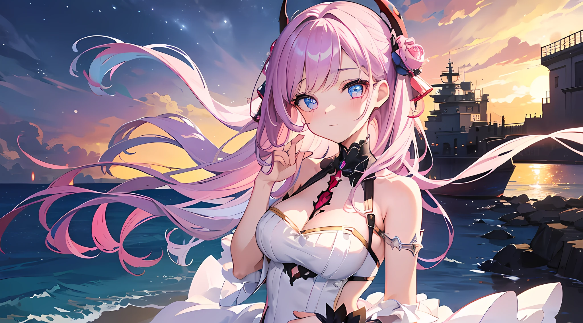 girls is posing for a picture, blushed face, cute princess dress, medium skirt, half body anime illustration, azur lane style, anime girls, devil smile, (beautiful detailed eyes:1.6), extremely detailed face, perfect lighting, extremely detailed CG, (perfect hands, perfect anatomy), the background is at the beach.