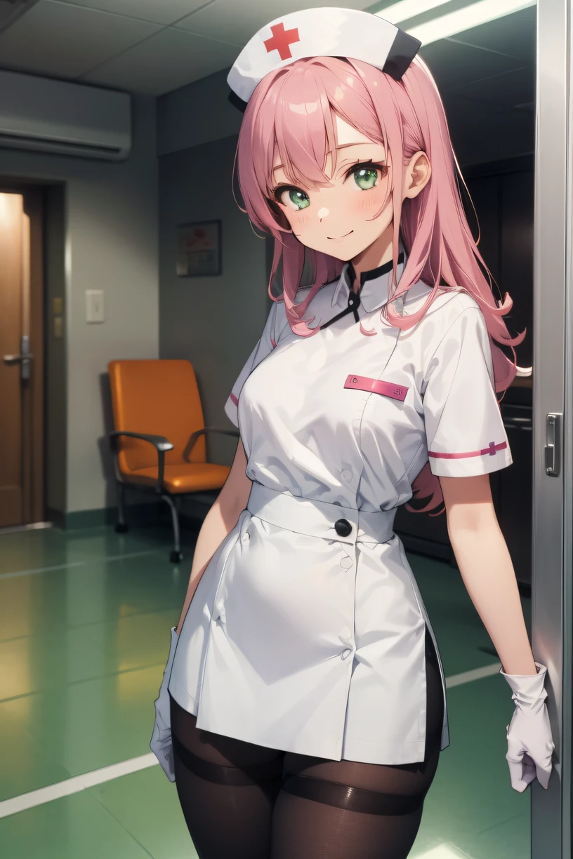 1girl, solo, nurse, nurse cap, white wear, ((white legwear, zettai ryouiki)), white gloves, pink hair, green eyes, drooping eyes, smile, standing, ((hospital room)), sharp outline, short sleeves, best quality, masterpiece