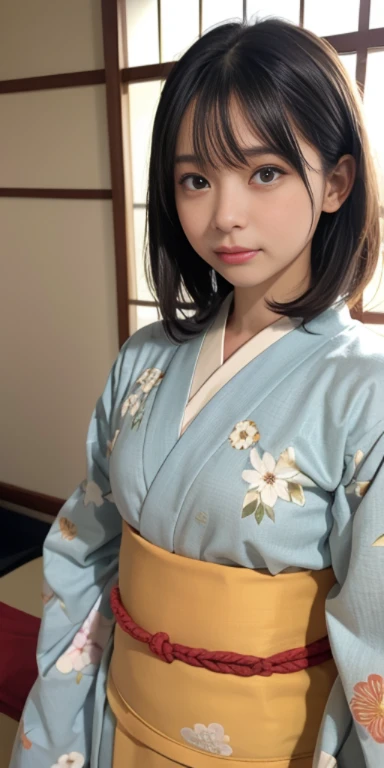 (masutepiece, Best Quality:1.4), Beautiful face, 8K, 85 mm, absurderes, ((FULL BODYSHOT:1.3))、((traditional Japanese room(With futon)))、(Floral pattern long-sleeved kimono:1.4), cowboy shot、violaceaess, gardeniass, Delicate girl, Solo, Long bob hair、Night, Looking at Viewer, Upper body, Film grain, chromatic abberation, Sharp Focus, face lights, Professional Lighting, Sophisticated, (Smile:0.4), (Simple background, Bokeh background:1.2), Detail Face