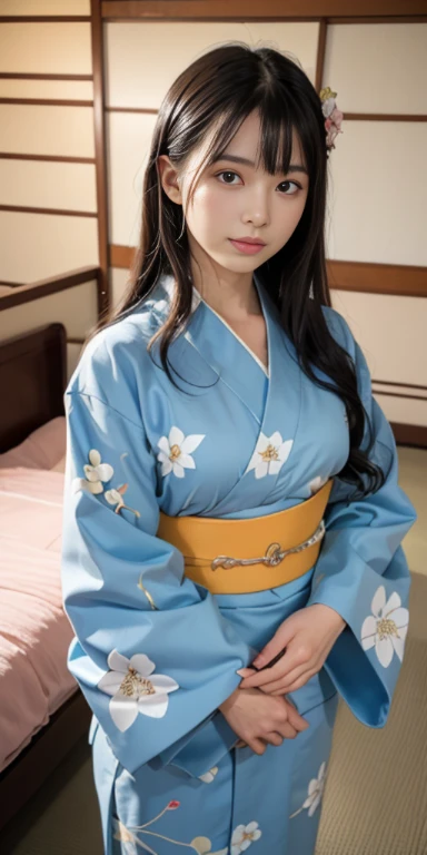(masutepiece, Best Quality:1.4), Beautiful face, 8K, 85 mm, absurderes, ((FULL BODYSHOT:1.3))、((traditional Japanese room(With futon)))、(Floral pattern long-sleeved kimono:1.4), cowboy shot、violaceaess, gardeniass, Delicate girl, Solo, Long bob hair、Night, Looking at Viewer, Upper body, Film grain, chromatic abberation, Sharp Focus, face lights, Professional Lighting, Sophisticated, (Smile:0.4), (Simple background, Bokeh background:1.2), Detail Face
