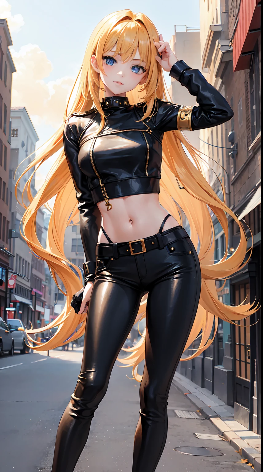 17 year old, 1girl, anime style, skinny body, Anime girl wearing crop top with leather-motor jacket, skinny jeans pants, light golden long hair, blue eyes colour, pose picture of her cute pose, straight on street of towers, anime art wallpaper, detailed, 8k, high quality