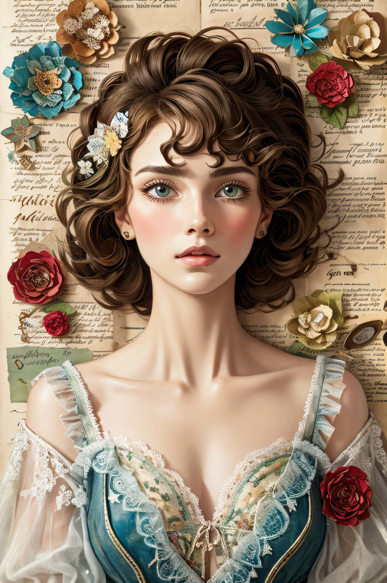 Super detailed alcohol ink painting of gorgeous girl, Made on top of a mixed-media masterpiece patchwork of stress-free vintage script paper, Ephemera, Torn cardboard, Vintage newspaper, Vintage sheet music, Wax Seal, Dress made of paper ruffles and life-size dainty lace, in the style of [Junk Journal, double exposure, Equal to the size of the body, Greg Simkins, Mark Davis, Oliver Jeffers, Andy Kehoe], Cinematic, Stunning, Highly detailed, 8K, dehazed