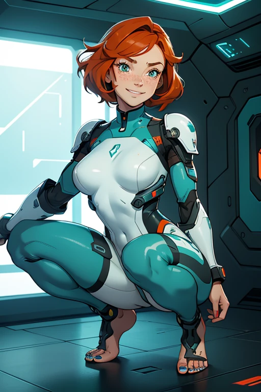 portrait of a beautiful, young, visibly barefoot cyborg woman, wearing skintight cybernetic technological, facial freckles, teal tooth nail polish,  teal, white and orange body armor  with a skirt, visible navel, with short blonde wavy hair, in a futuristic room, squatting, smiling.