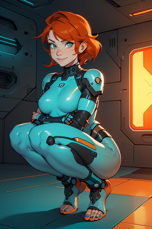 a beautiful, young, t cyborg woman, wearing skintight cybernetic technological, facial freckles, teal tooth nail polish, cybernetics in her face, head and arms, visibly barefoot, white, teal and orange body armor, , with short red wavy hair, in a futuristic room,squatting, smiling.