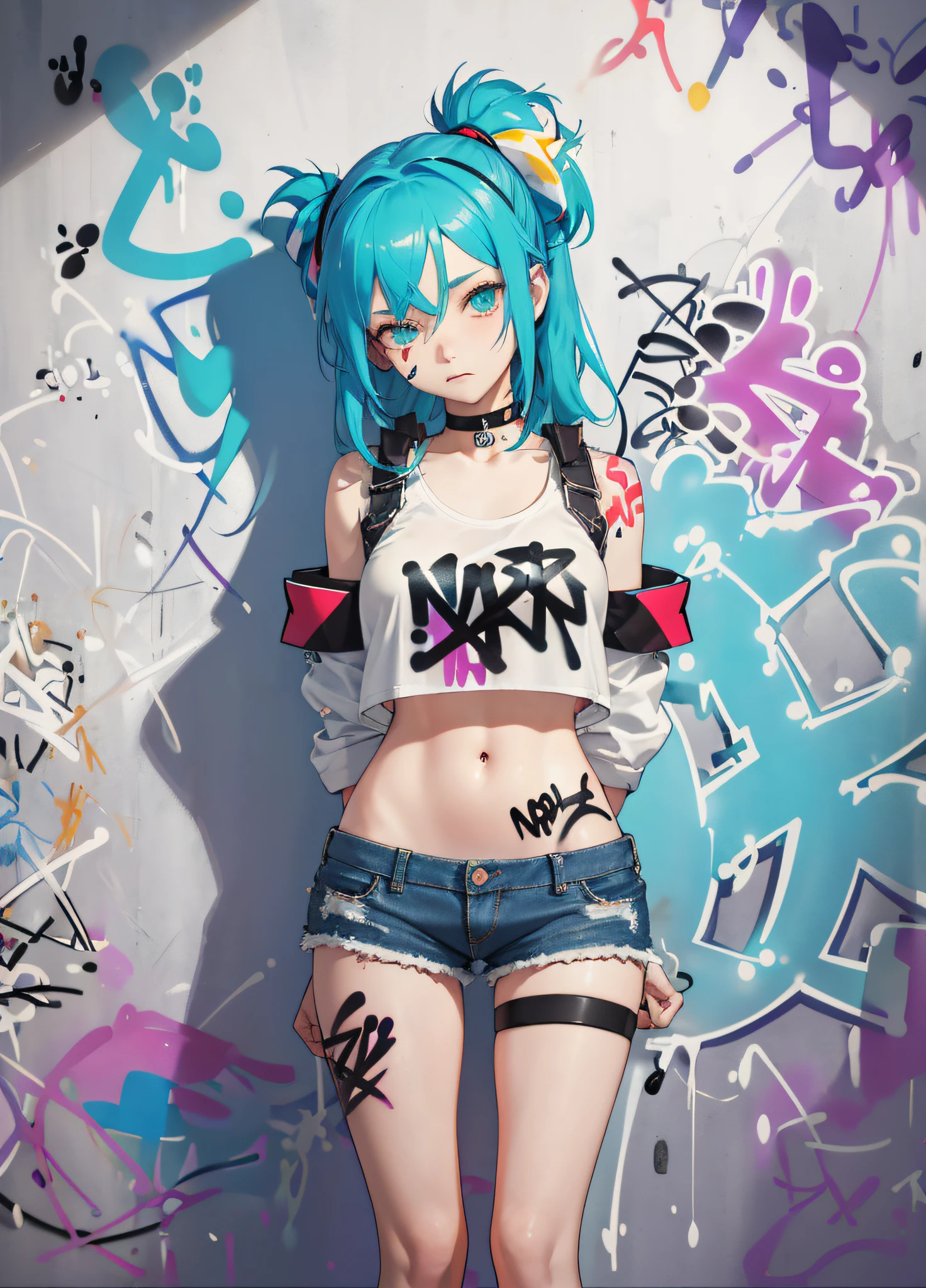 masterpiece, best quality, 1 girl, alone, Short top, Jeans-Shorts, neck ribbon, (Graffiti:1.5), paint splatters, Arms behind the back, against the wall, Viewers look at, 手链, thigh strap, Color on the body, Head tilt, bored, multi-colored hair, aqua eyes, Headset,