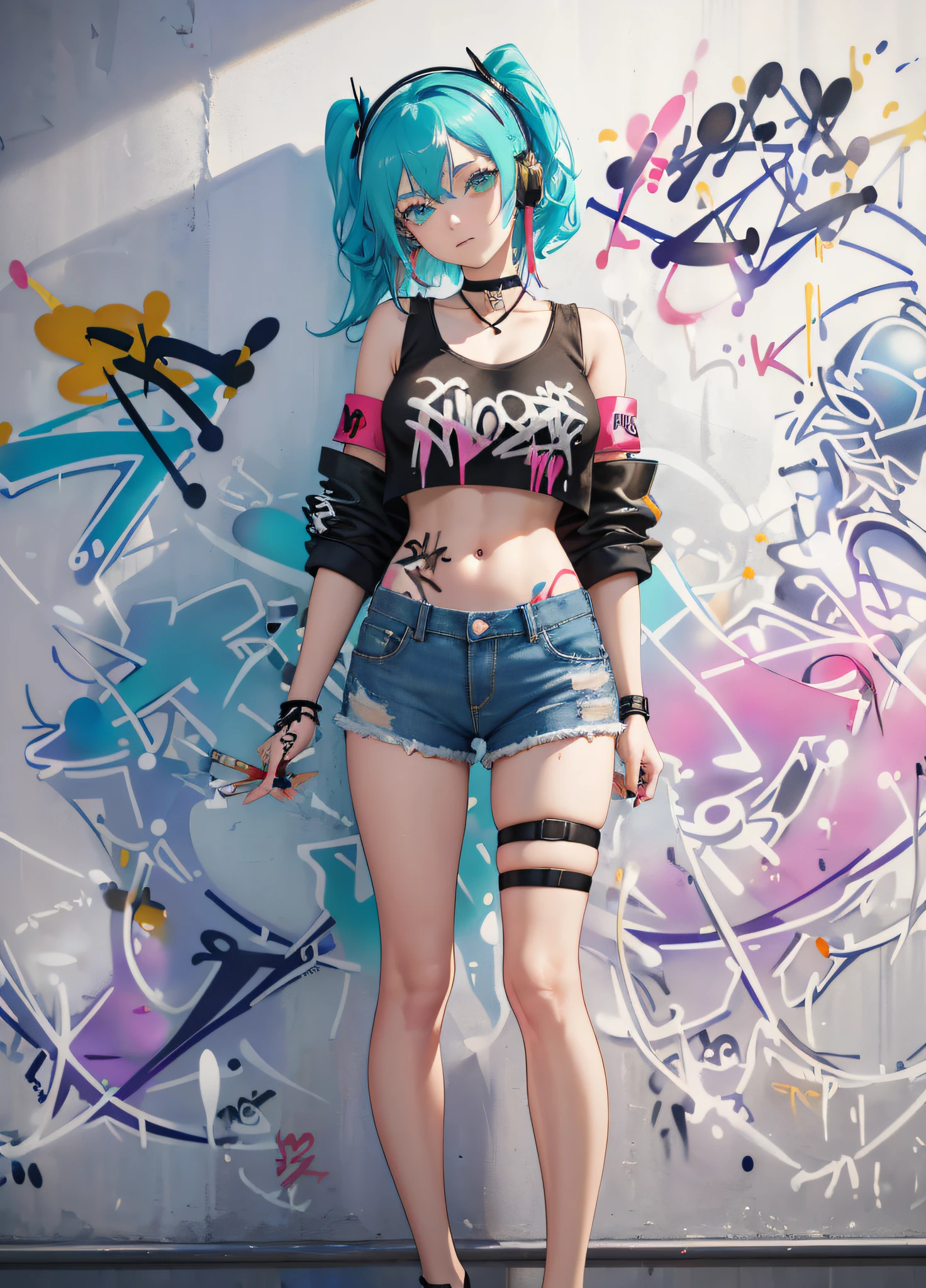 masterpiece, best quality, 1girl, solo, crop top, denim shorts, choker, (graffiti:1.5), paint splatter, arms behind back, against wall, looking at viewer, armband, thigh strap, paint on body, head tilt, bored, multicolored hair, aqua eyes, headset,