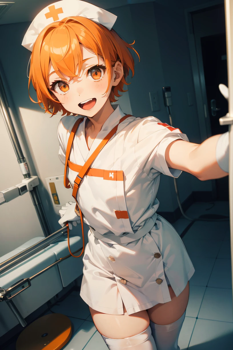 1boy, solo, male focus, nurse, nurse cap, white wear, ((white legwear, zettai ryouiki)), white gloves, short hair, orange hair, smile, open mouth, standing, ((hospital room)), sharp outline, short sleeves, shota, 12 years old, best quality, masterpiece
