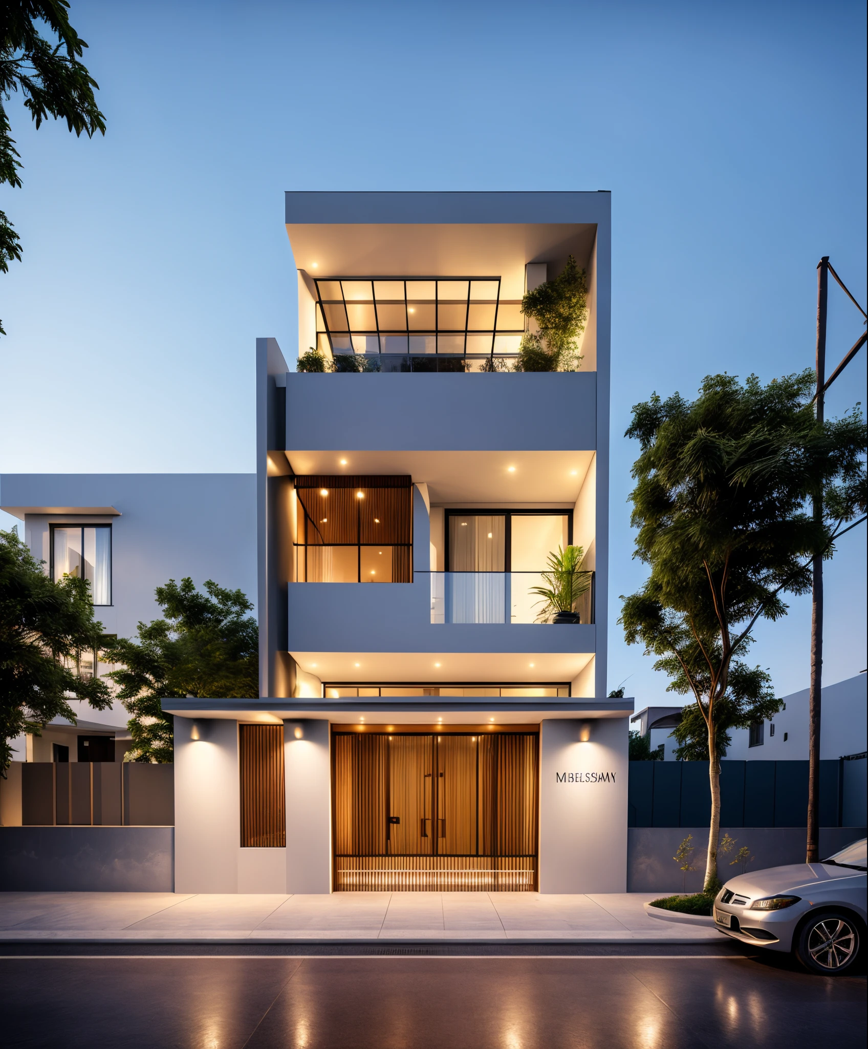 Perspective of a modern house with a large enough front yard, main materials are light yellow walls, stone and wood, a road running in front of the house, (RAW photo, real, best quality, masterpiece: 1.2), current view modern minimalist, 1 street in front of house, shime ring light, indoor brightness:1.2, dynamic lighting:1.3, (hyper-realistic, photo-realistic:1.2), high quality, daylight, contrast high:0.5 perfect light, Archdaily, contemporary masterpiece award, award winning contemporary, beautifully designed masterpiece, spacious modern mansion, modern neo-traditional, wide angle exterior 2022 , mid-century modern, contemporary home, stylish modern feel, long front view, award-winning modern design, stunning lines, residential, exquisite details, indoors gently:1.3