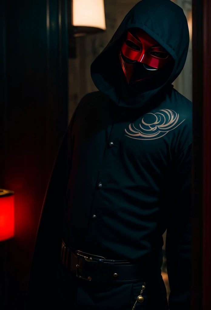 A dark handsome Thai man, Anonymous, red mask, black guard uniform, tattooed all over his body.