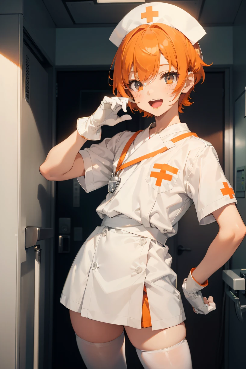 1boy, solo, male focus, nurse, nurse cap, white wear, ((white legwear, zettai ryouiki)), white gloves, short hair, orange hair, smile, open mouth, standing, ((hospital room)), sharp outline, short sleeves, shota, , best quality, masterpiece