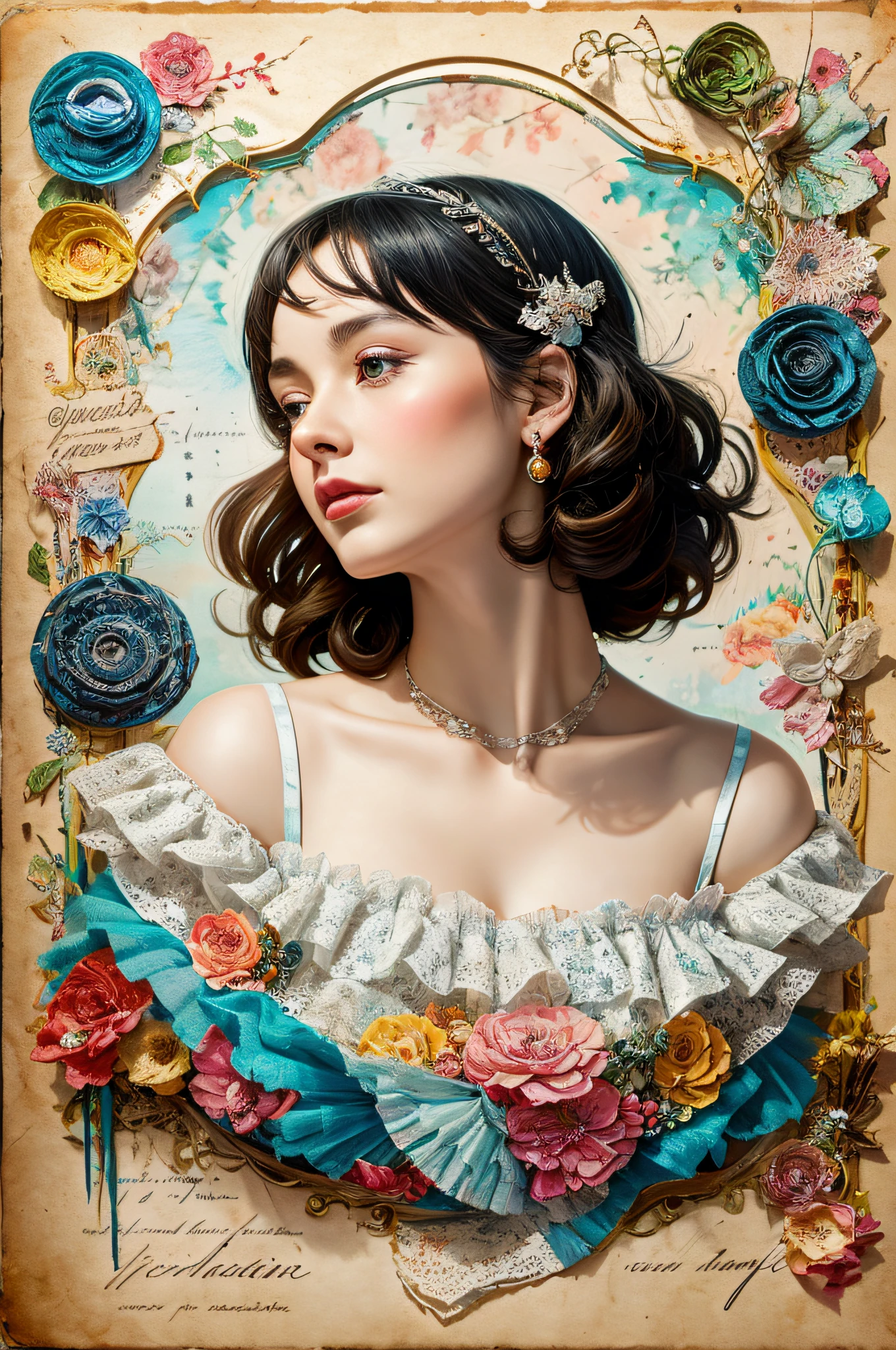 Super detailed alcohol ink painting of gorgeous girl, Made on top of a mixed-media masterpiece patchwork of stress-free vintage script paper, Ephemera, Torn cardboard, Vintage newspaper, Vintage sheet music, Wax Seal, Dress made of paper ruffles and life-size dainty lace, in the style of [Junk Journal, double exposure, Equal to the size of the body, Greg Simkins, Mark Davis, Oliver Jeffers, Andy Kehoe], Cinematic, Stunning, Highly detailed, 8K, dehazed