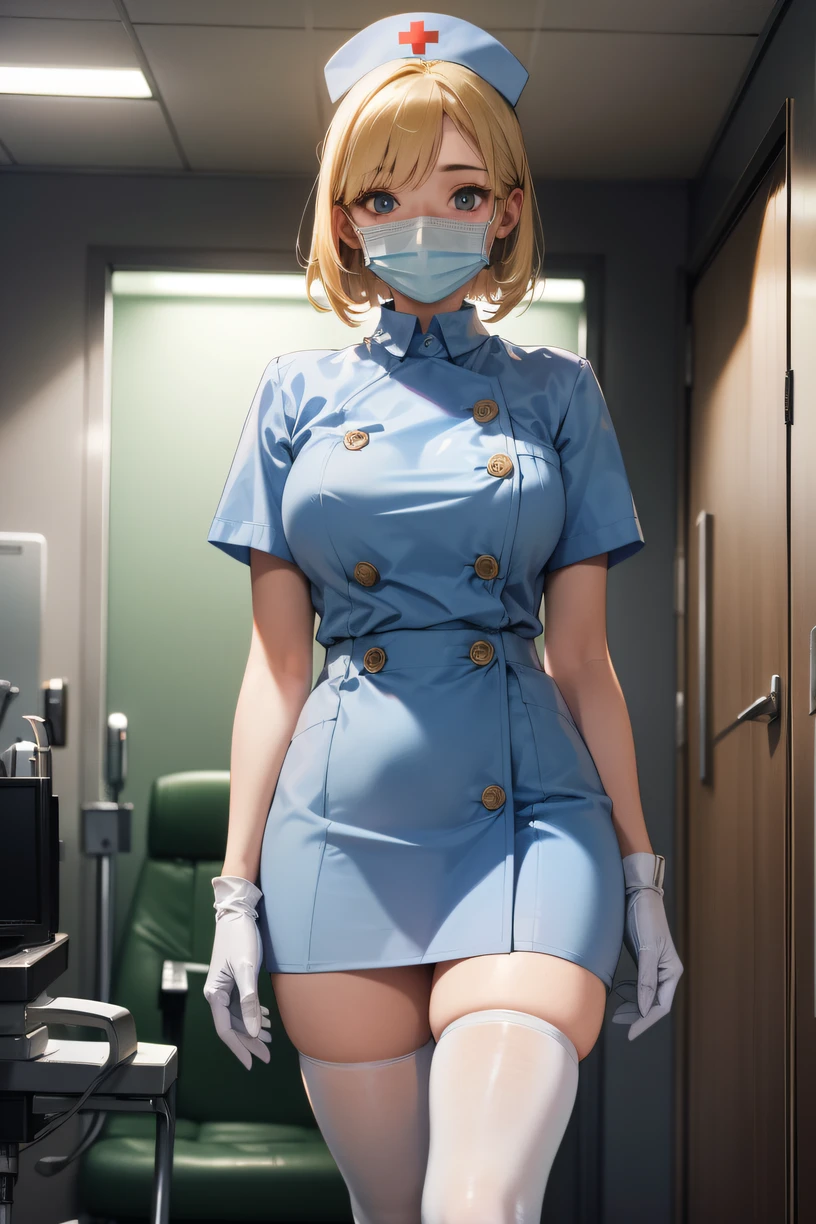 1woman, solo, nurse, nurse cap, white wear, ((white legwear, zettai ryouiki)), white gloves, blonde hair, blue eyes, ((white surgical mask, covered nose)), standing, ((hospital room)), sharp outline, short sleeves, mature female, 35 years old, best quality, masterpiece