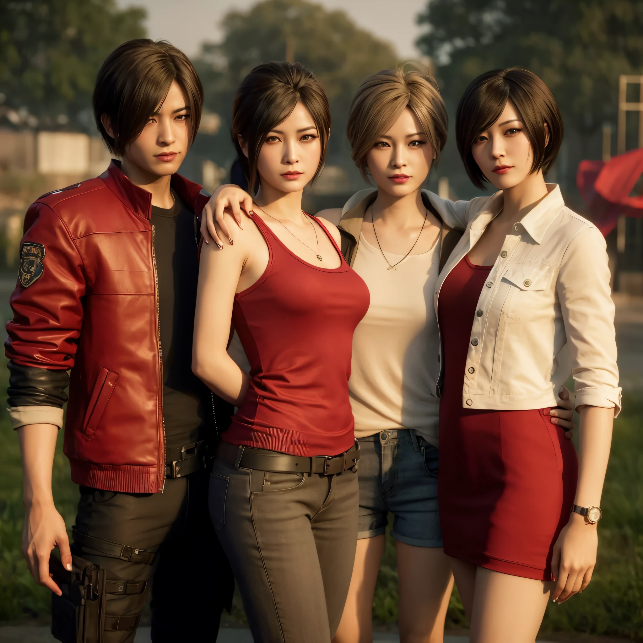 Ada wong ,Woman, wearing red hoody dress, bob hair, red polish, Calm expression, little smile