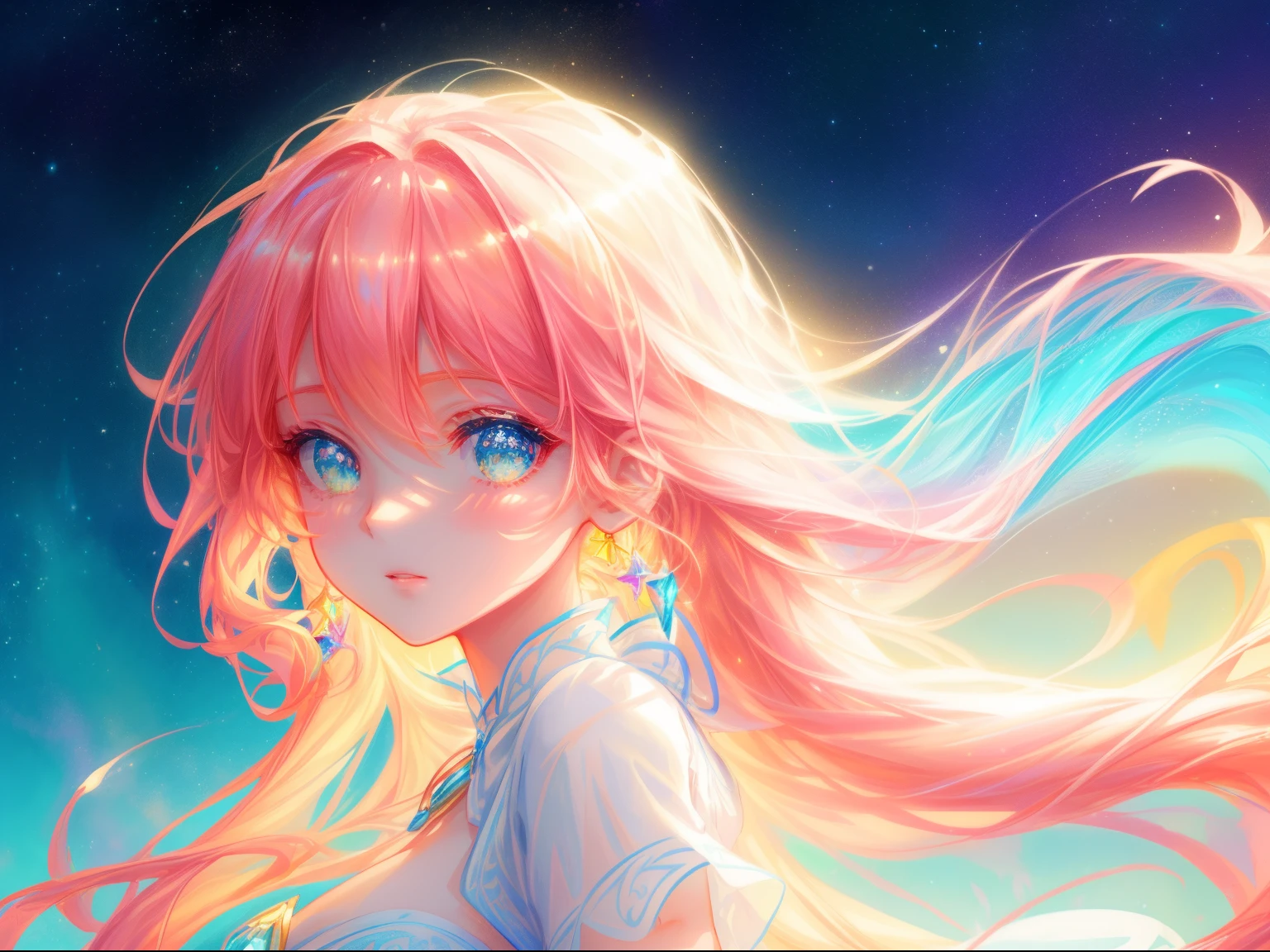 beautiful girl, simple white dress, vibrant pastel colors, (colorful), magical lights, long flowing golden hair, inspired by Glen Keane, inspired by Lois van Baarle, disney art style, by Lois van Baarle, glowing aura around her, by Glen Keane, jen bartel, glowing lights! digital painting, flowing glowing hair, glowing flowing hair, beautiful digital illustration, fantasia background, whimsical, magical, fantasy, beautiful face, ((masterpiece, best quality)), intricate details, highly detailed, sharp focus, 8k resolution, sparkling detailed eyes, liquid watercolor