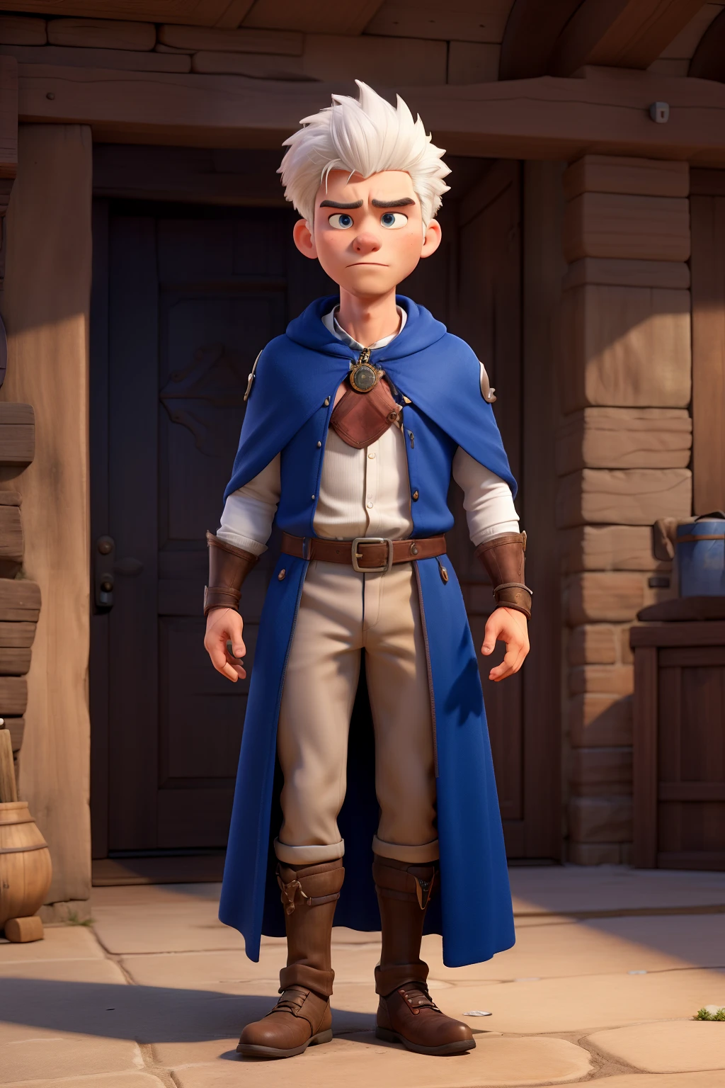 Young man tall muscular, wide, bright-eyed, With shaved White hair, wearing a medieval Armor with wolf shoulder pads, black and a Blue cape, angry at the entrance door of a tavern, Realistic, Full HD, best quality