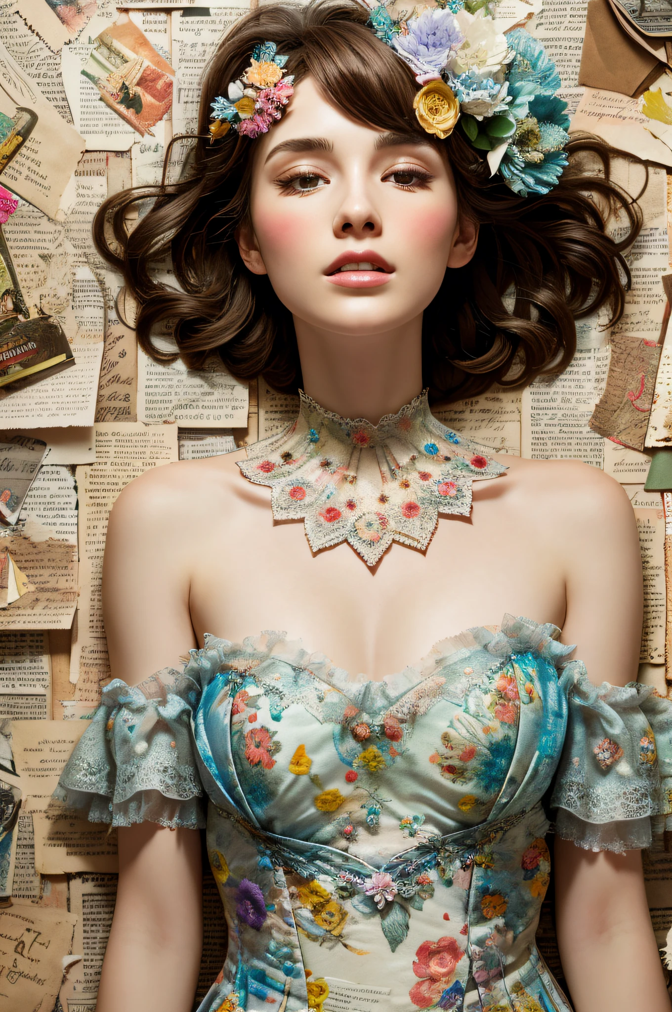 Super detailed alcohol ink painting of gorgeous girl, Made on top of a mixed-media masterpiece patchwork of stress-free vintage script paper, Ephemera, Torn cardboard, Vintage newspaper, Vintage sheet music, Wax Seal, Dress made of paper ruffles and life-size dainty lace, in the style of [Junk Journal, double exposure, Equal to the size of the body, Greg Simkins, Mark Davis, Oliver Jeffers, Andy Kehoe], Cinematic, Stunning, Highly detailed, 8K, dehazed