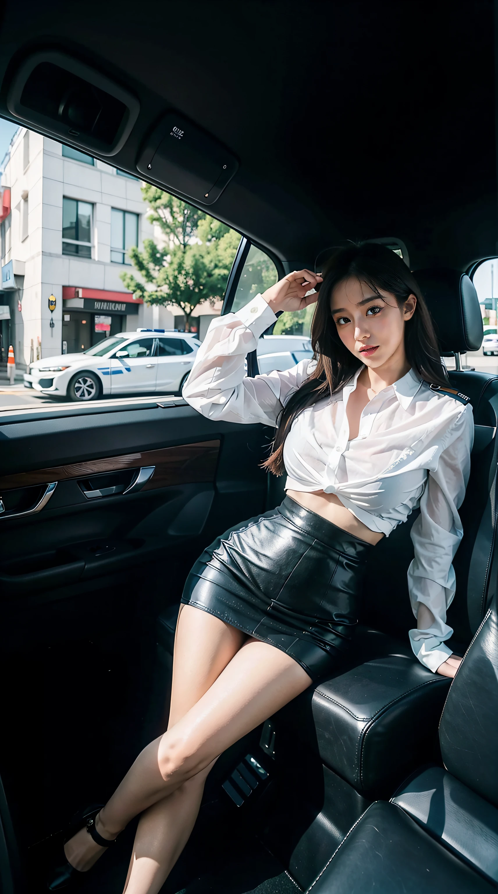 Posing in city police car, photore,Raised sexy, police officers, Wearing a police uniform, police officers, official, police officers, full clothing, female sheriff, Korean female fashion model,Tight,A skirt that wraps around the hips,Tight skirt with hips,high-heels,Pear-shaped body,legs long,wear different colors,White skin of the,lace panty hose