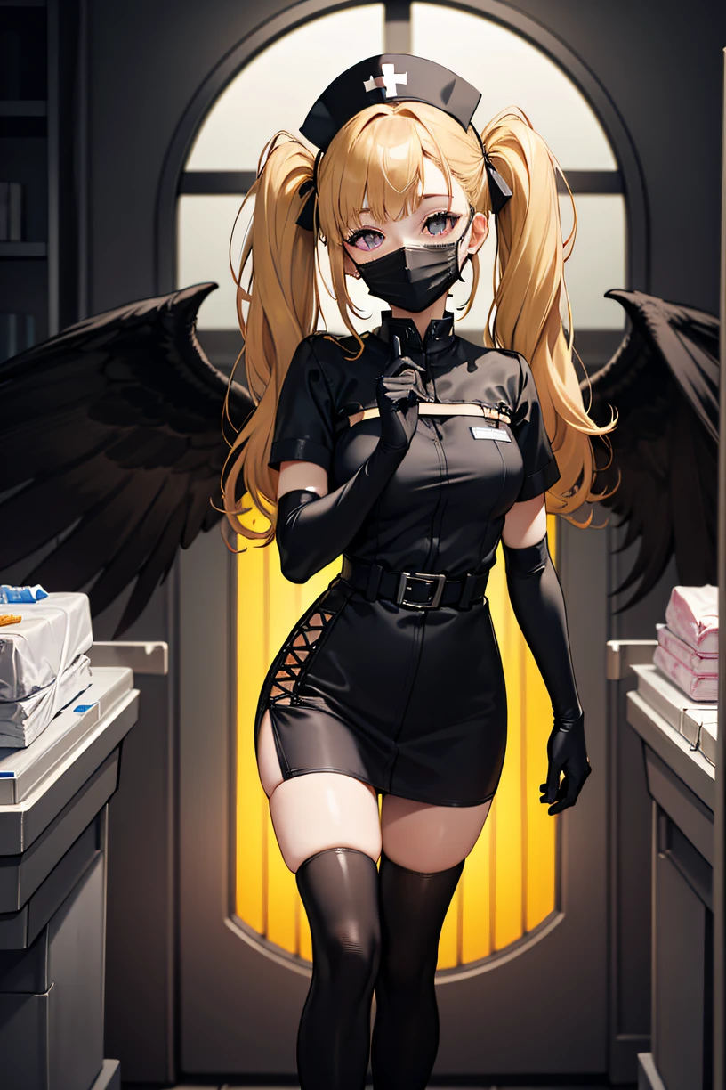 black nurse, 1girl, solo, black nurse cap, black wear, ((black legwear, zettai ryouiki)), black elbow gloves, twintails, yellow hair, purple eyes, ((black surgical mask, covered nose)), standing, ((surgery room)), sharp outline, short sleeves, best quality, masterpiece