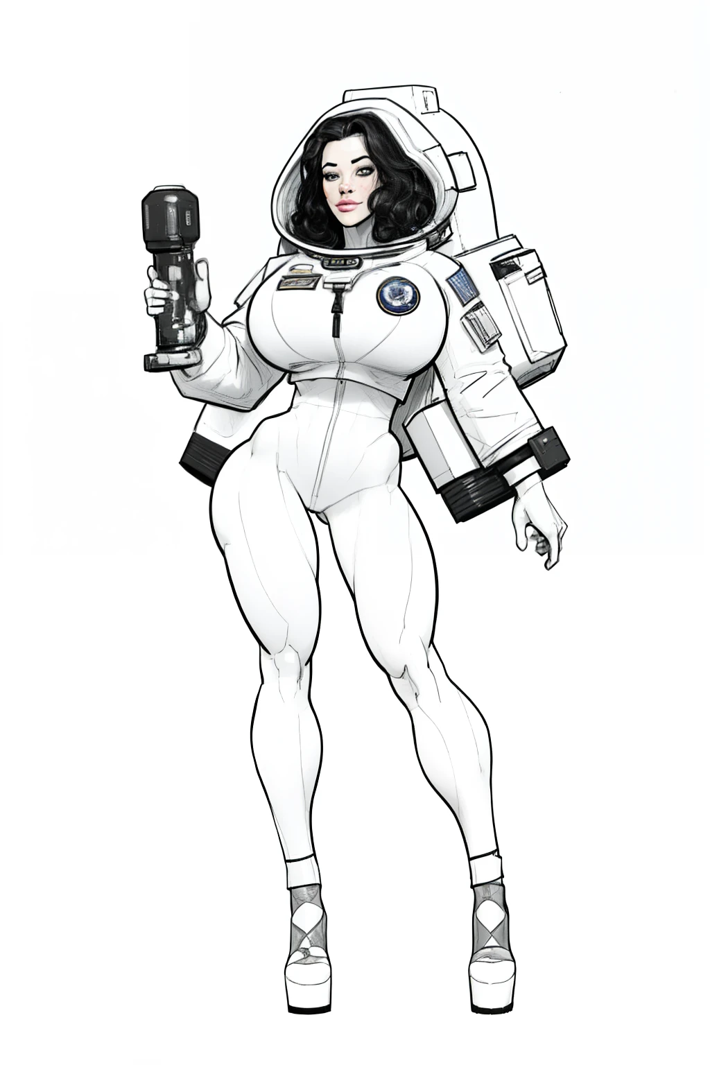 masterpiece, best quality, (detailed background),High contrast,astronaut,gigantic breasts, 1girl,full body, cowboy shot,(white background:1.5),clean lineart,