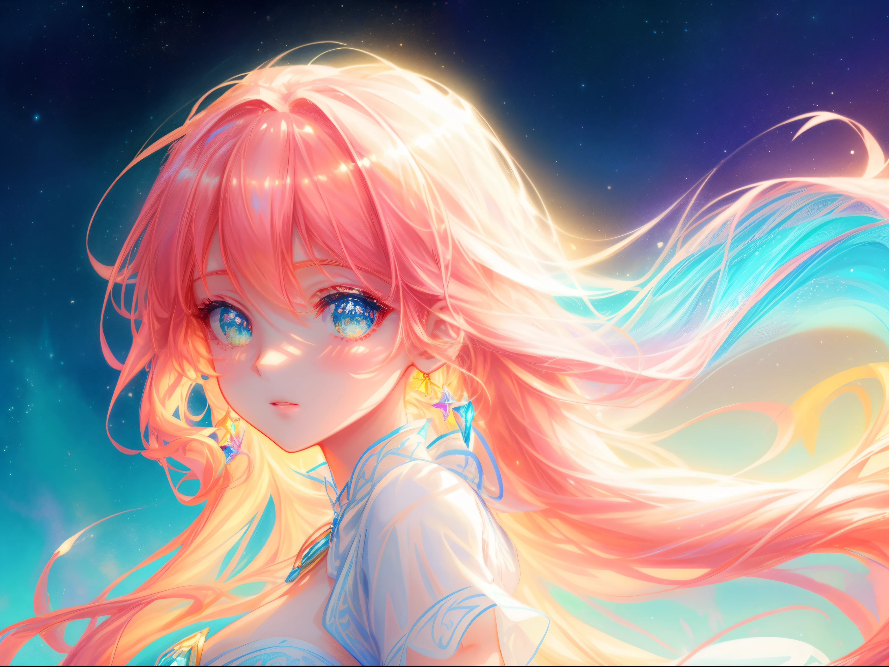 beautiful girl, simple white dress, vibrant pastel colors, (colorful), magical lights, long flowing golden hair, inspired by Glen Keane, inspired by Lois van Baarle, disney art style, by Lois van Baarle, glowing aura around her, by Glen Keane, jen bartel, glowing lights! digital painting, flowing glowing hair, glowing flowing hair, beautiful digital illustration, fantasia background, whimsical, magical, fantasy, beautiful face, ((masterpiece, best quality)), intricate details, highly detailed, sharp focus, 8k resolution, sparkling detailed eyes, liquid watercolor